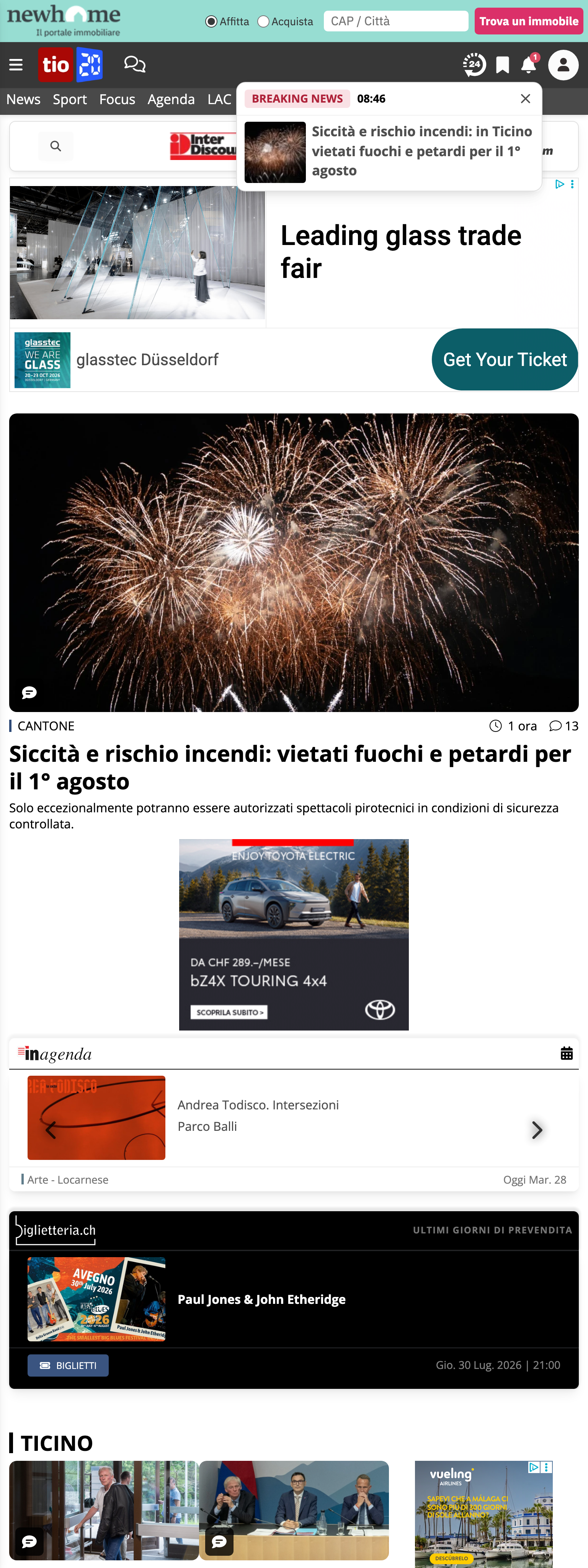 Screenshot of the Ticinonline front page
