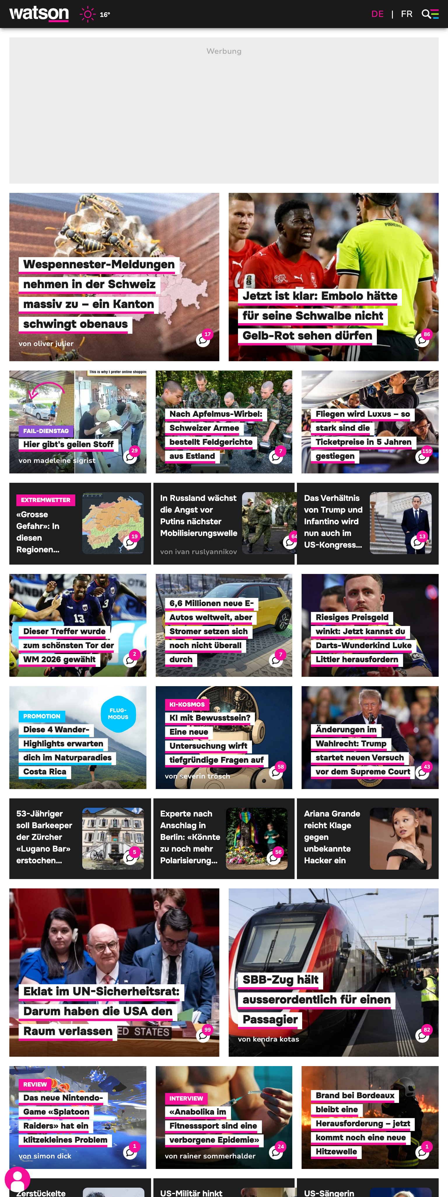 Screenshot of the watson front page