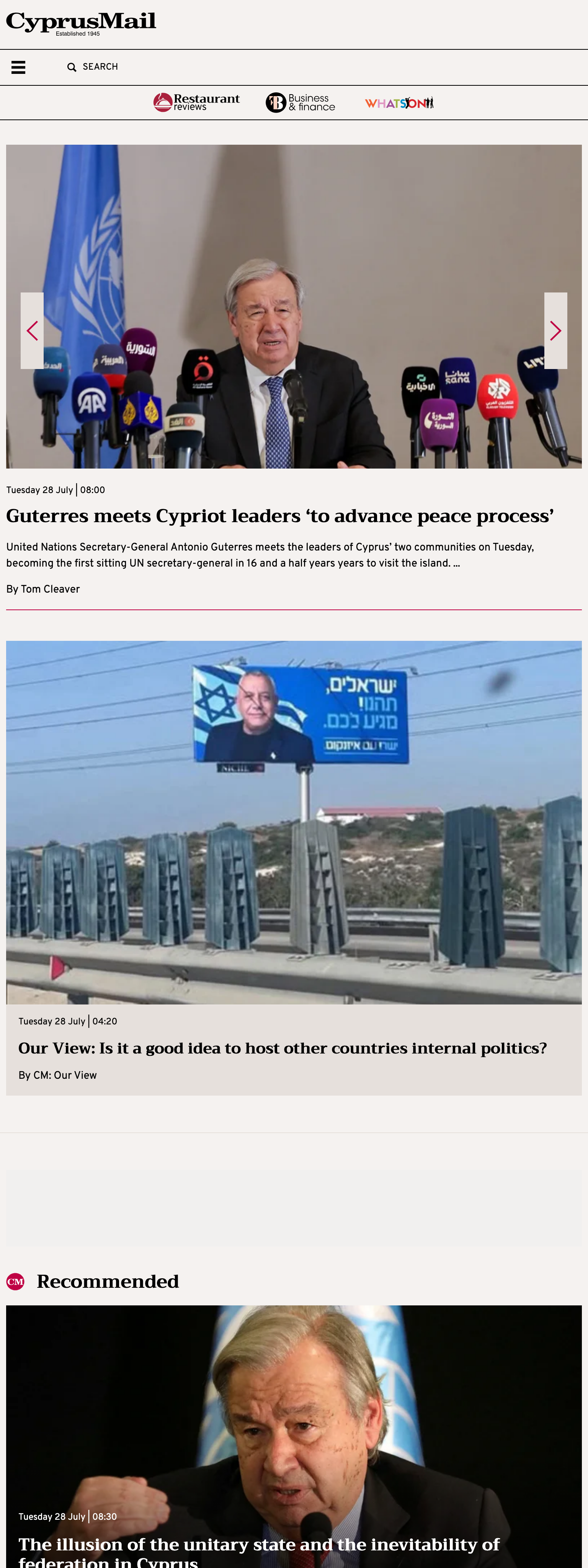 Screenshot of the Cyprus Mail front page