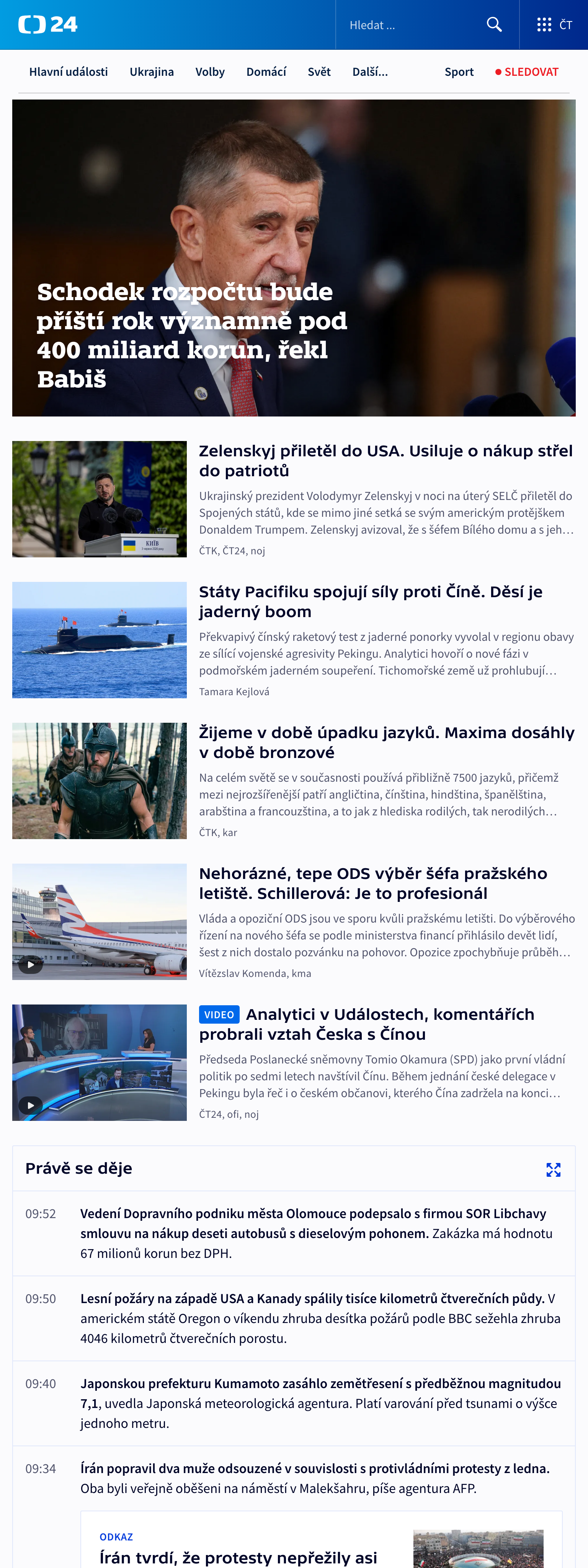Screenshot of the ČT24 front page