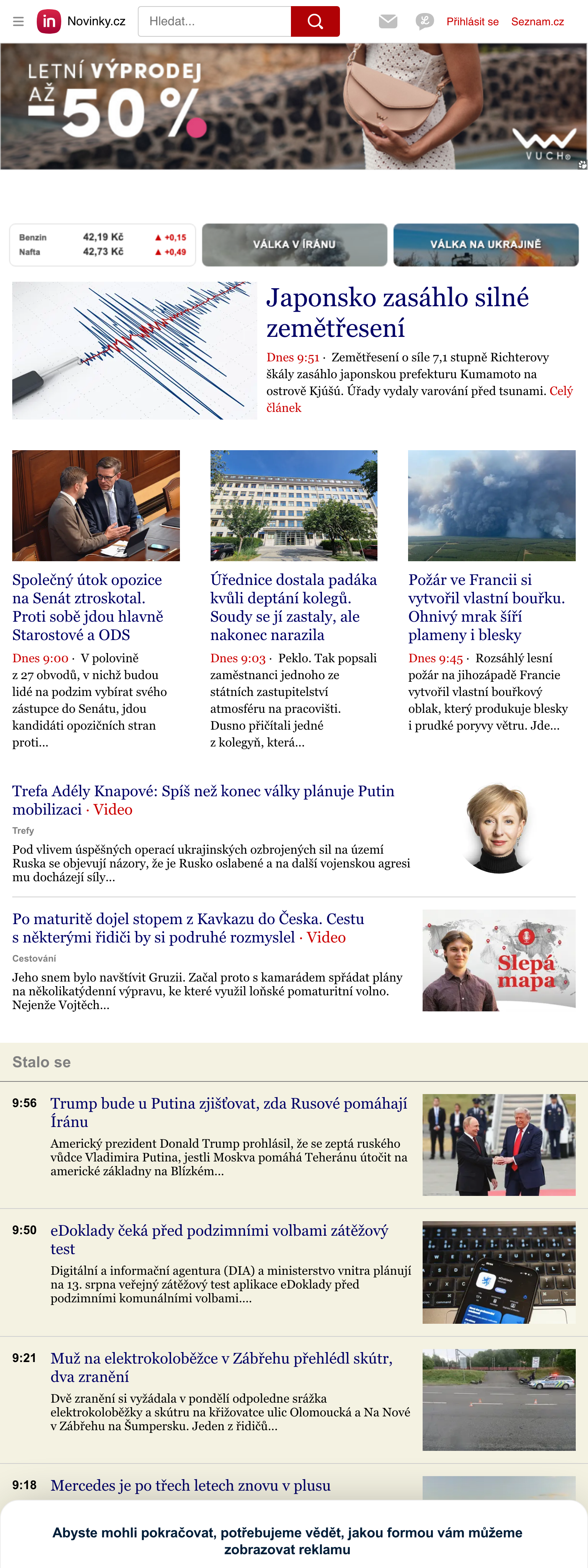 Screenshot of the Novinky.cz front page