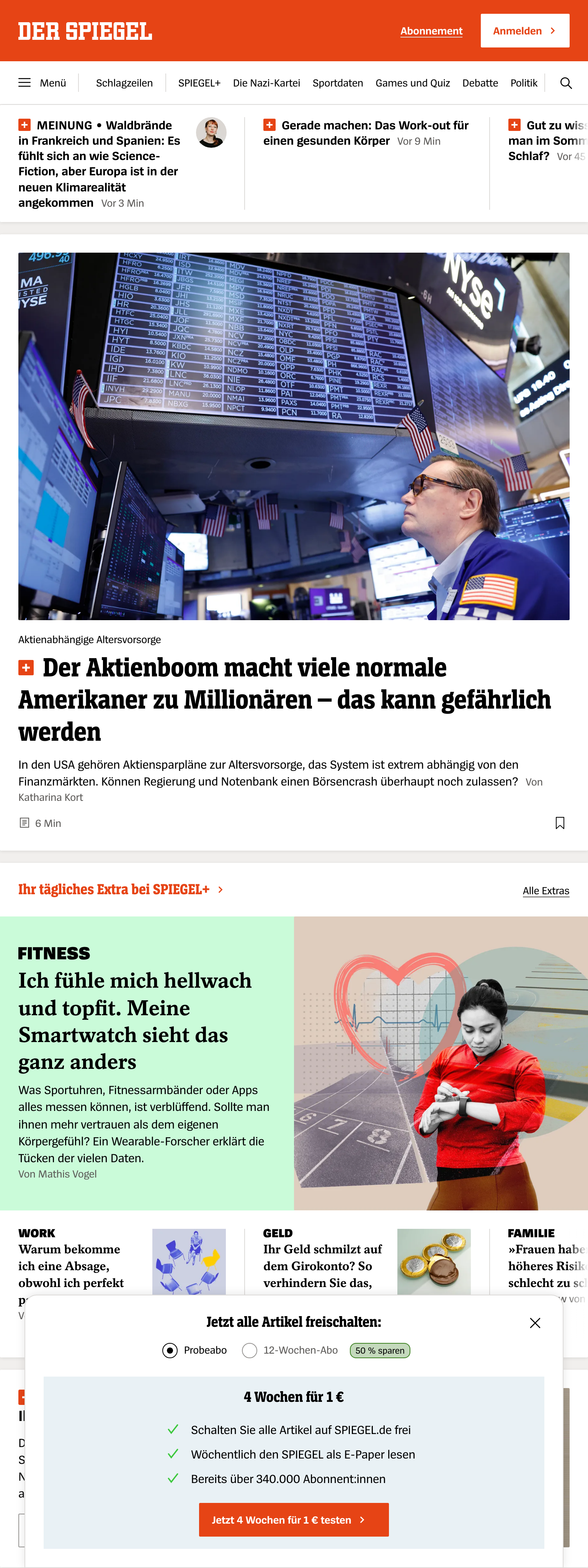 Screenshot of the DER SPIEGEL front page