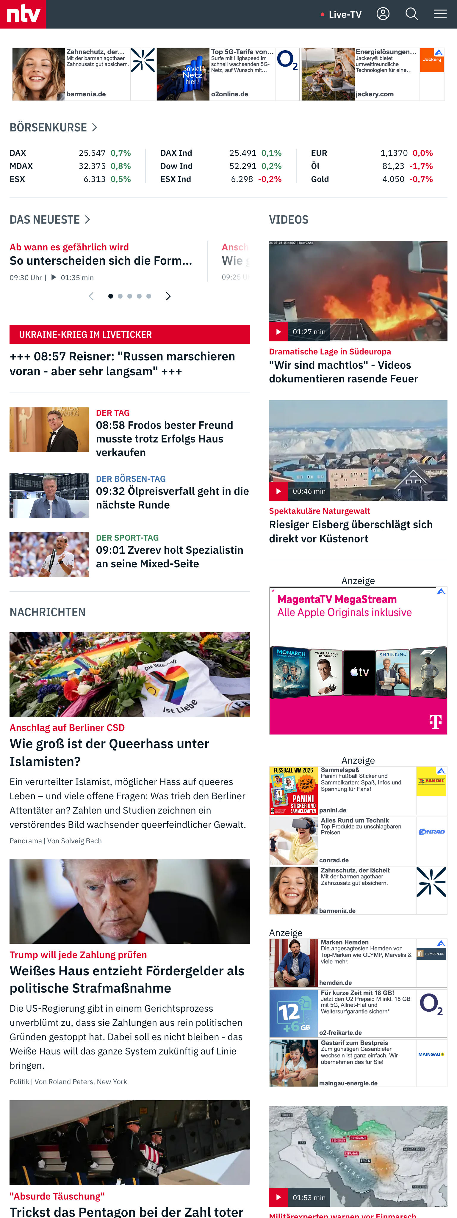 Screenshot of the n-tv front page