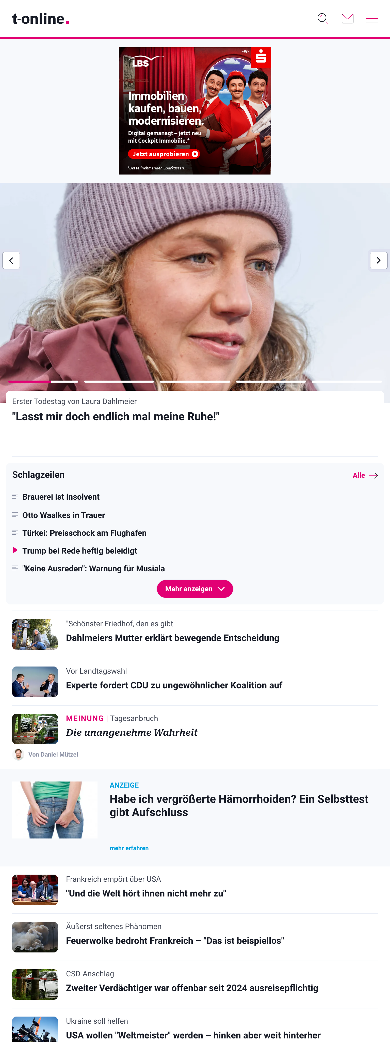 Screenshot of the t-online front page