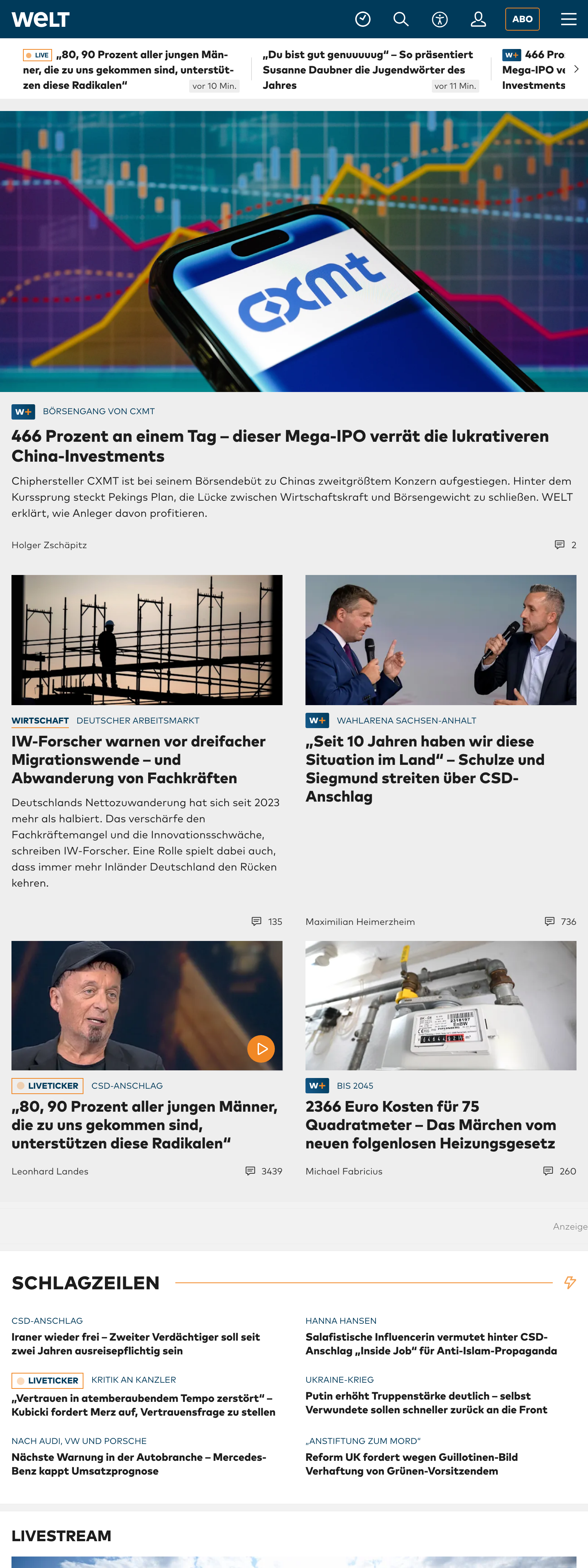 Screenshot of the WELT front page