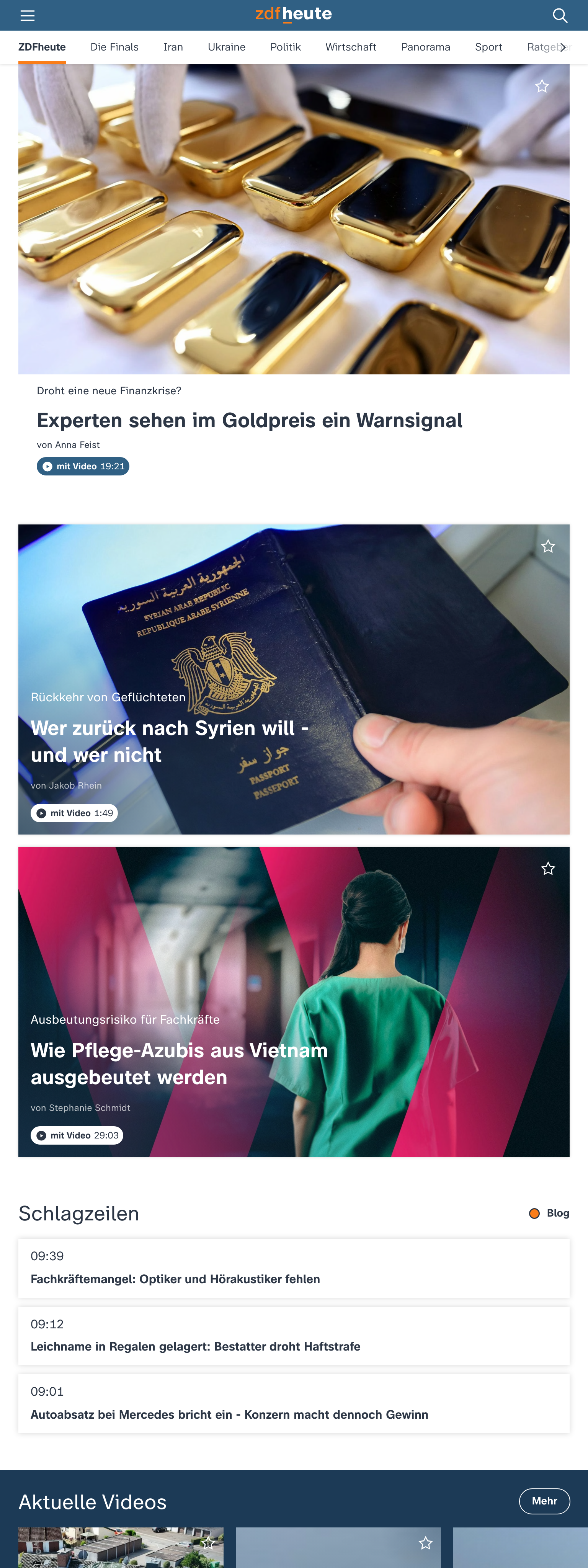 Screenshot of the ZDFheute front page