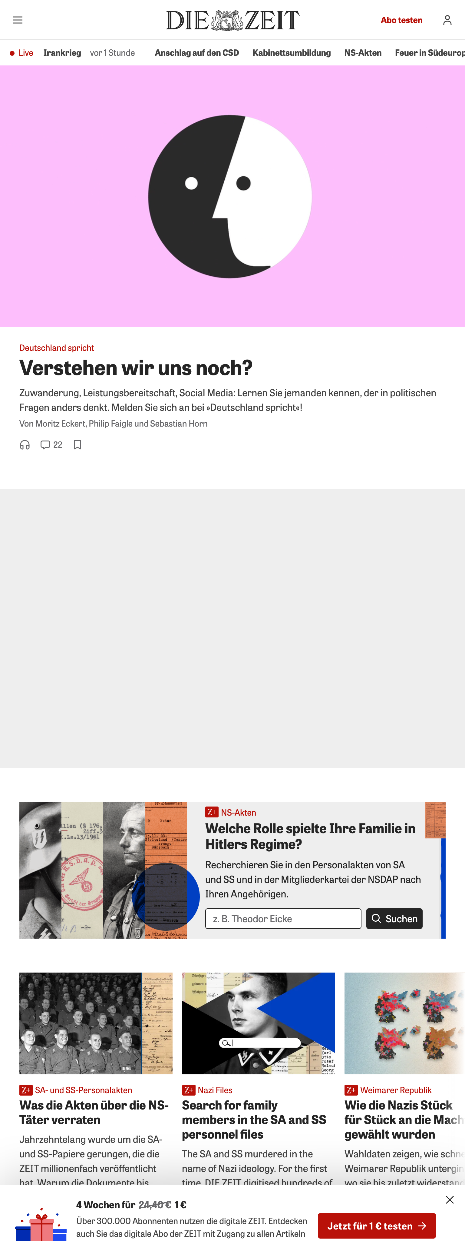 Screenshot of the ZEIT ONLINE front page