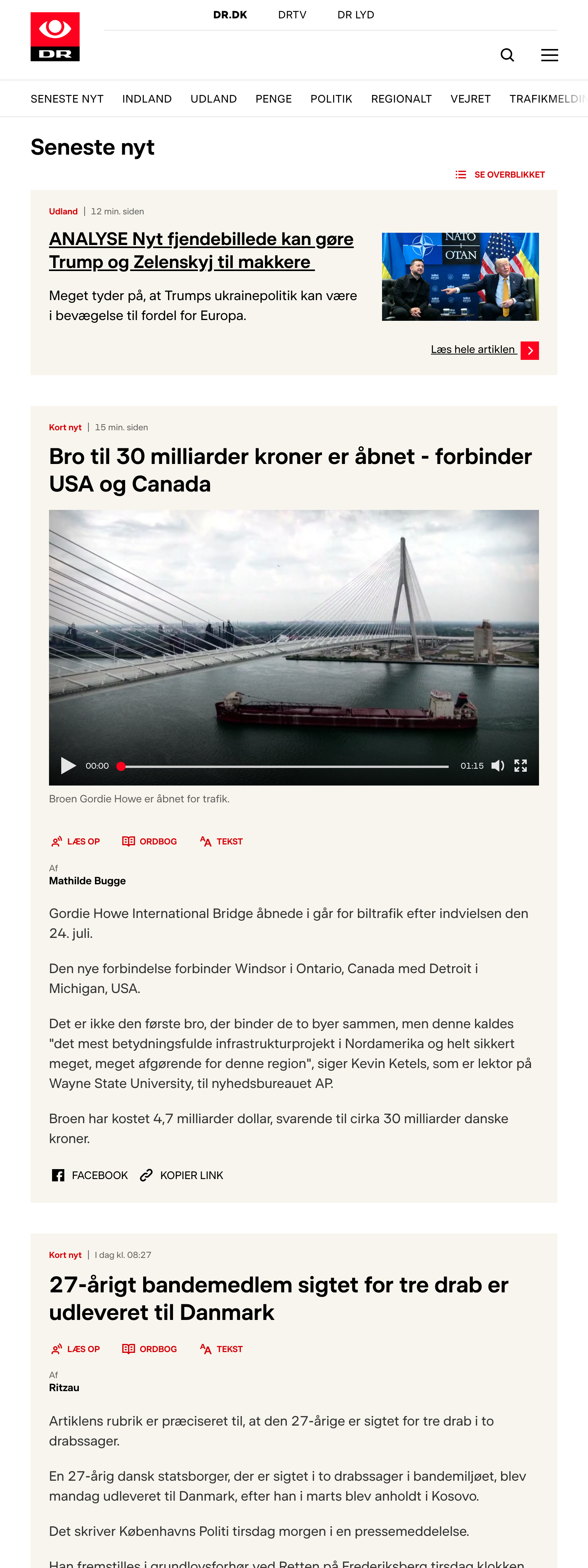 Screenshot of the DR front page