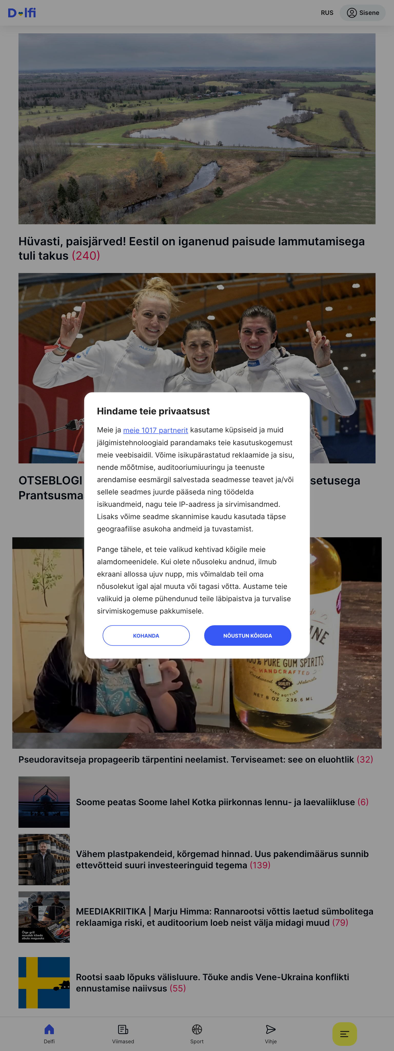 Screenshot of the Delfi front page