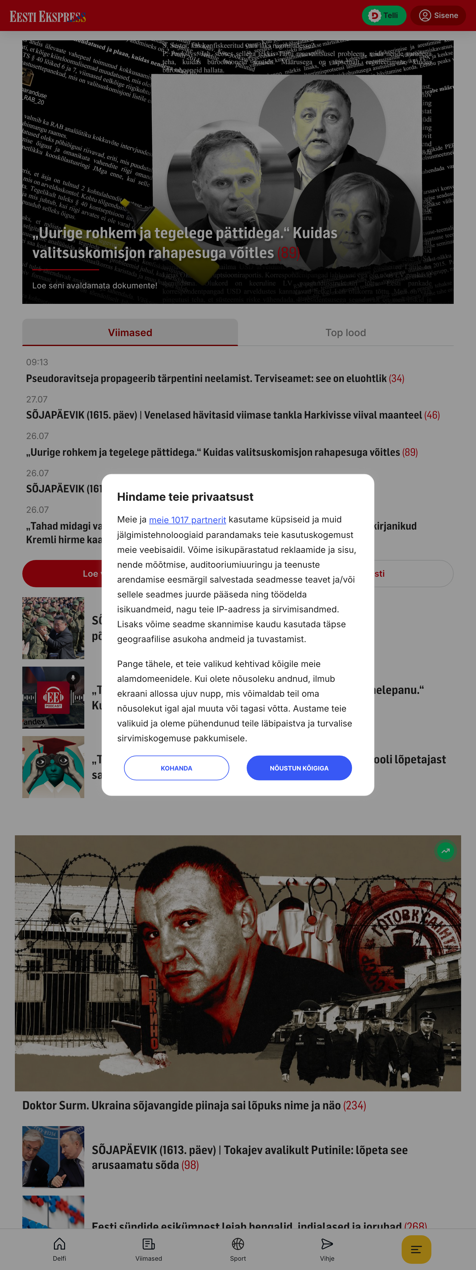 Screenshot of the Eesti Ekspress front page