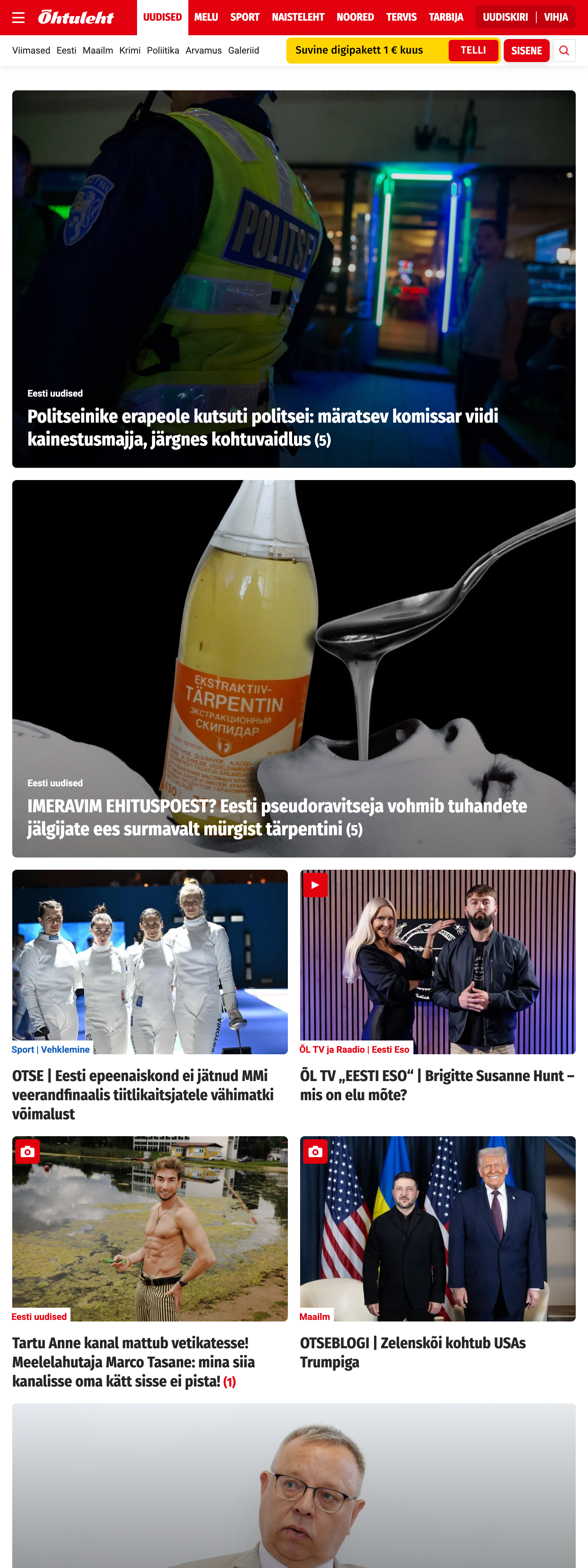 Screenshot of the Õhtuleht front page