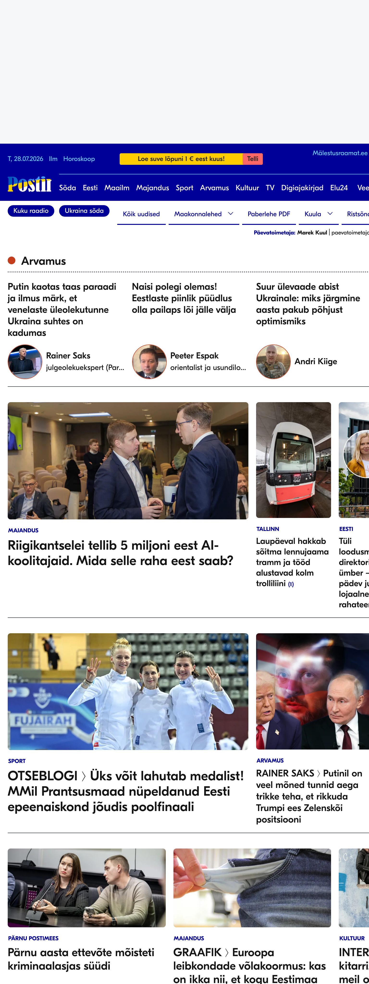 Screenshot of the Postimees front page