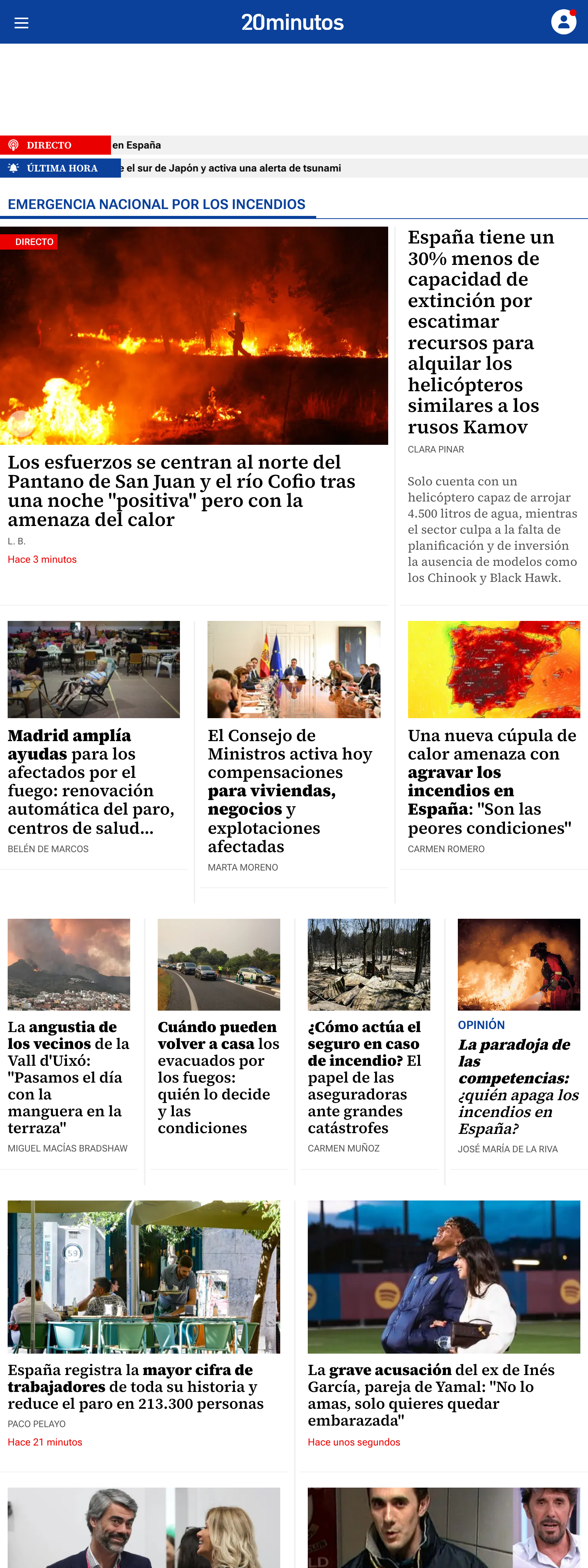 Screenshot of the 20minutos front page
