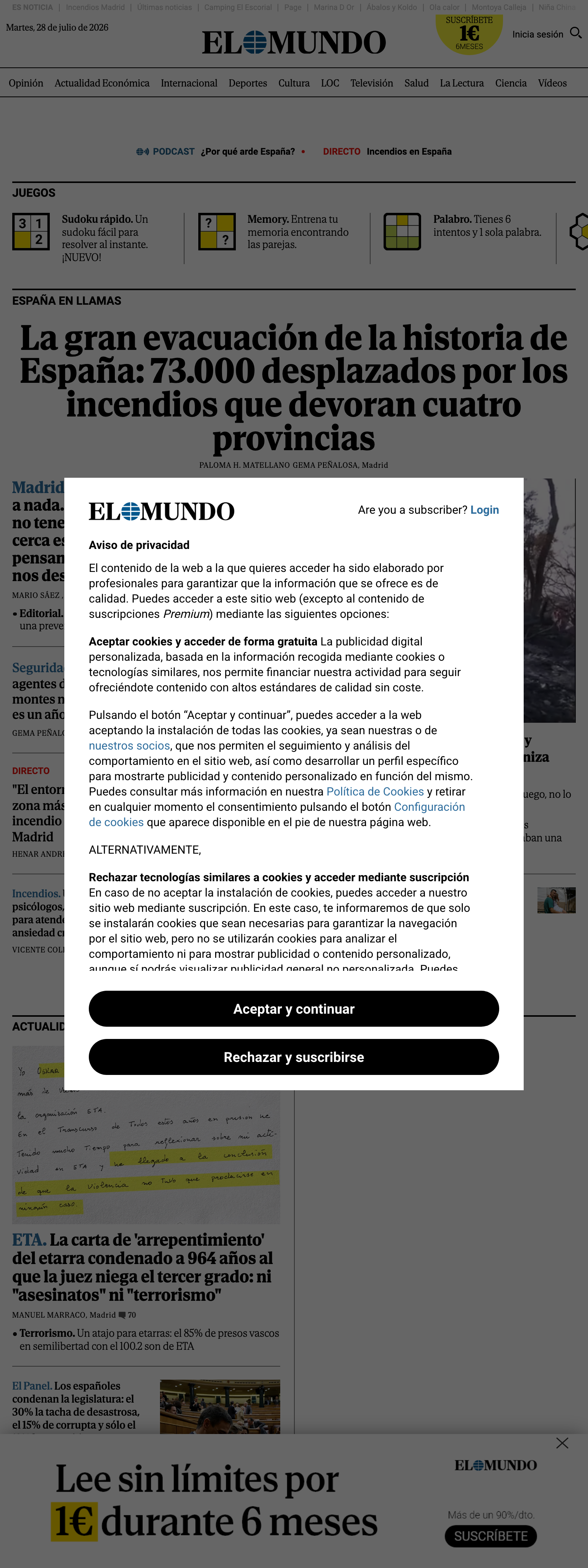Screenshot of the El Mundo front page