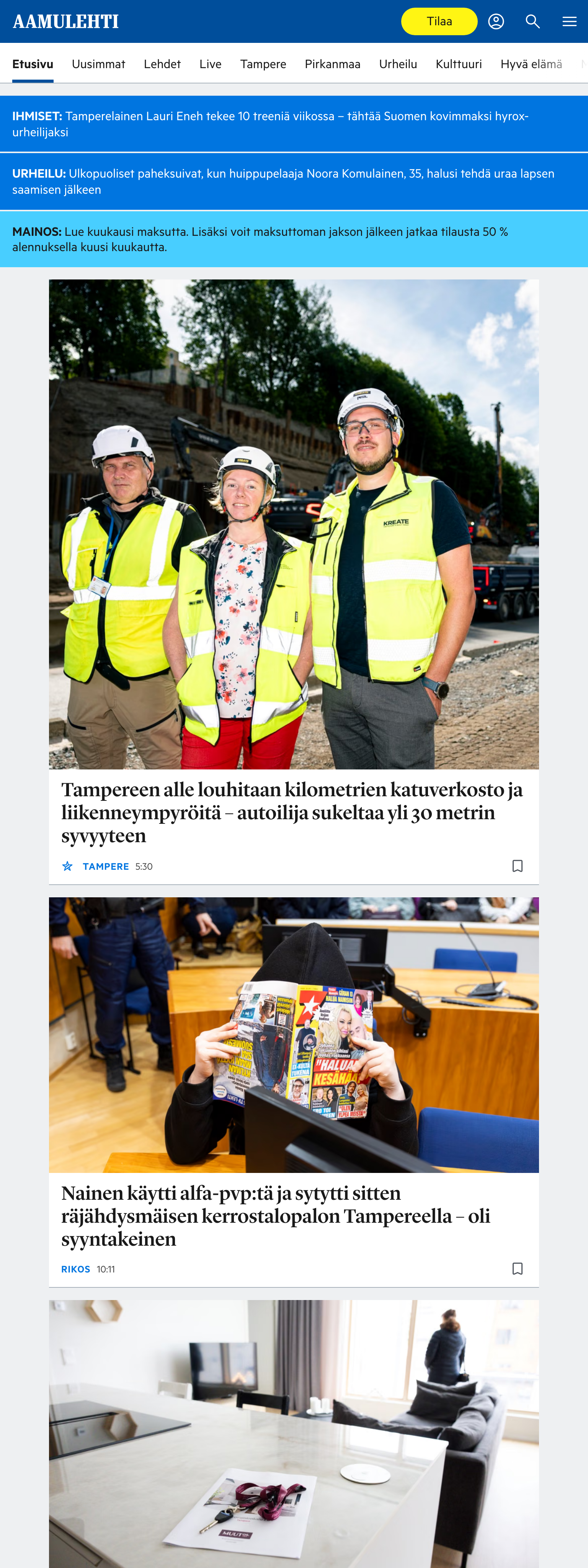 Screenshot of the Aamulehti front page