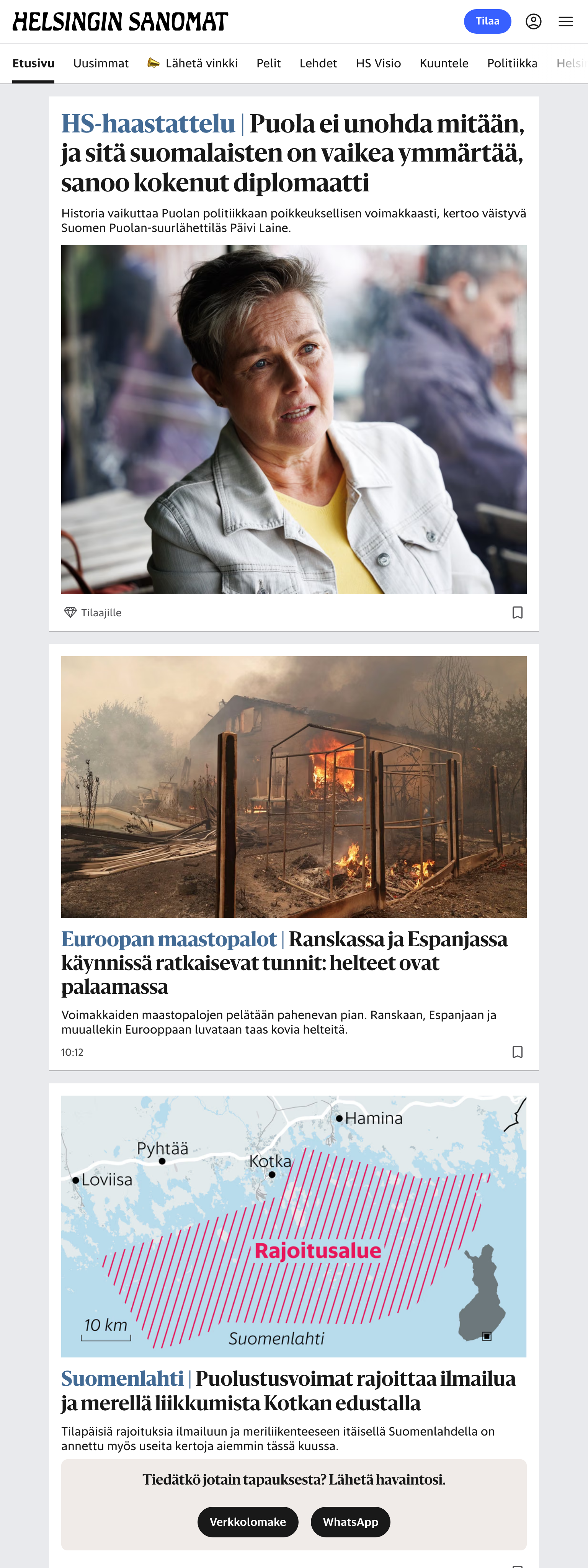 Screenshot of the Helsingin Sanomat front page