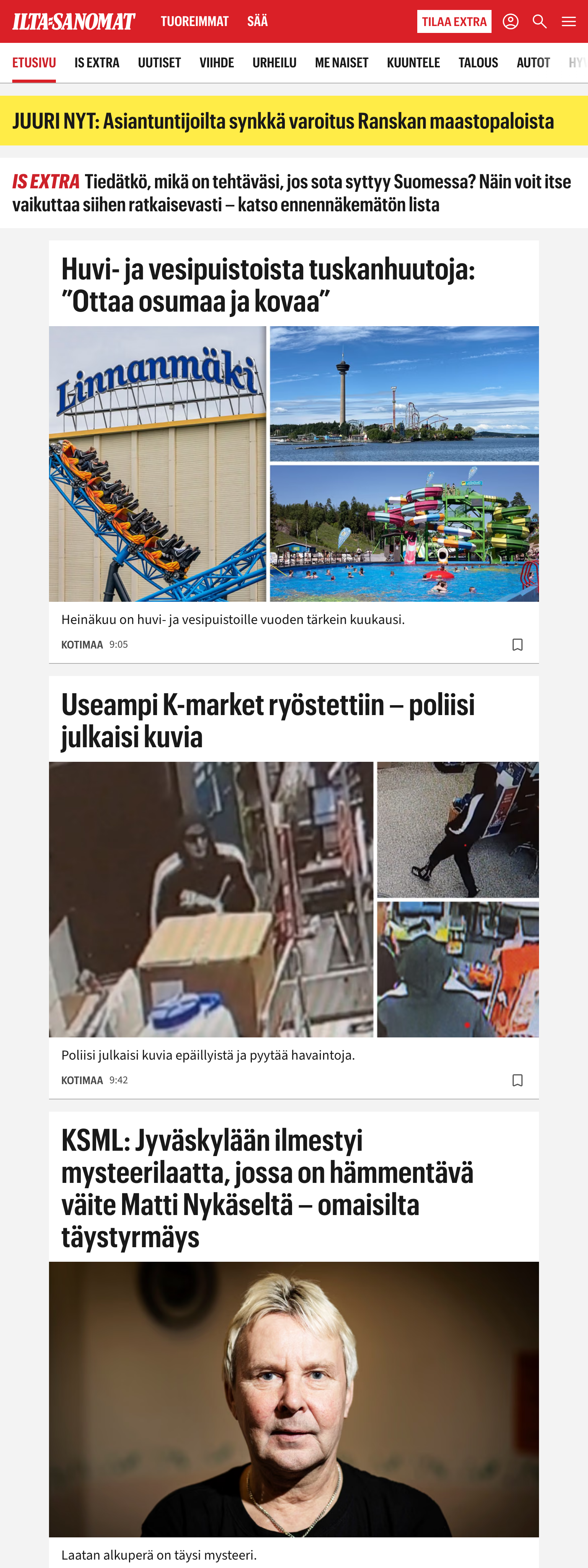 Screenshot of the Ilta-Sanomat front page