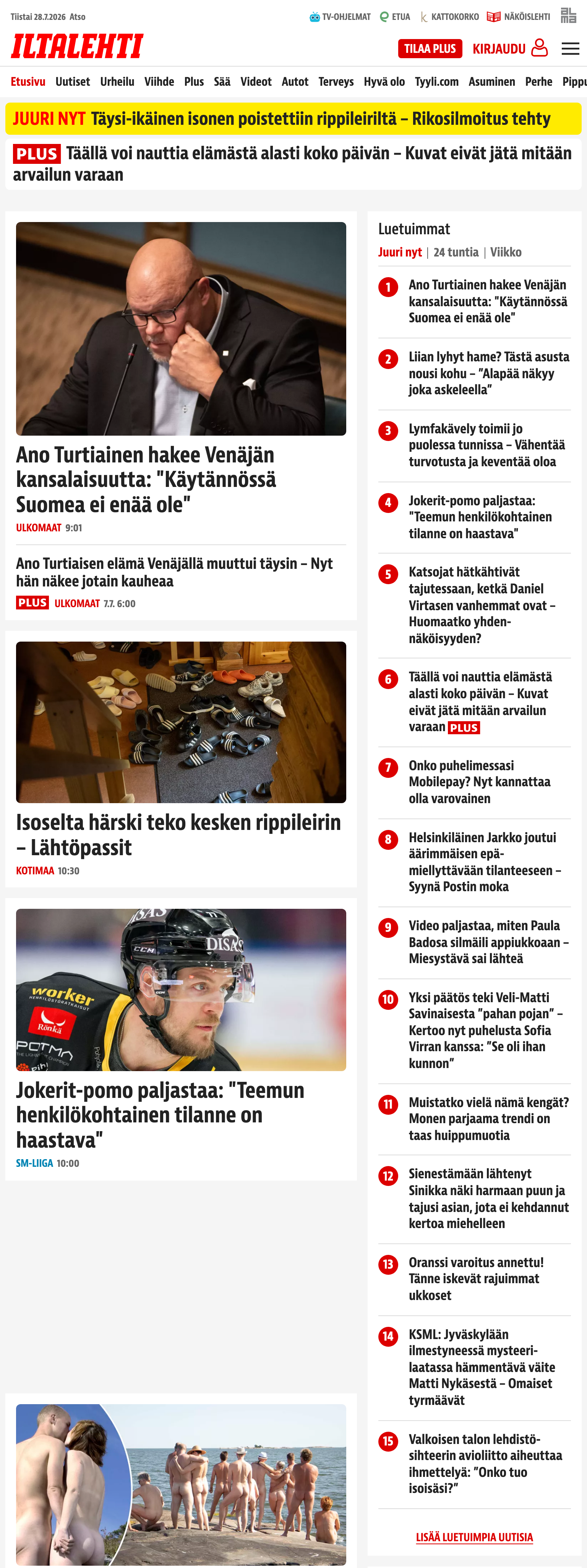 Screenshot of the Iltalehti front page