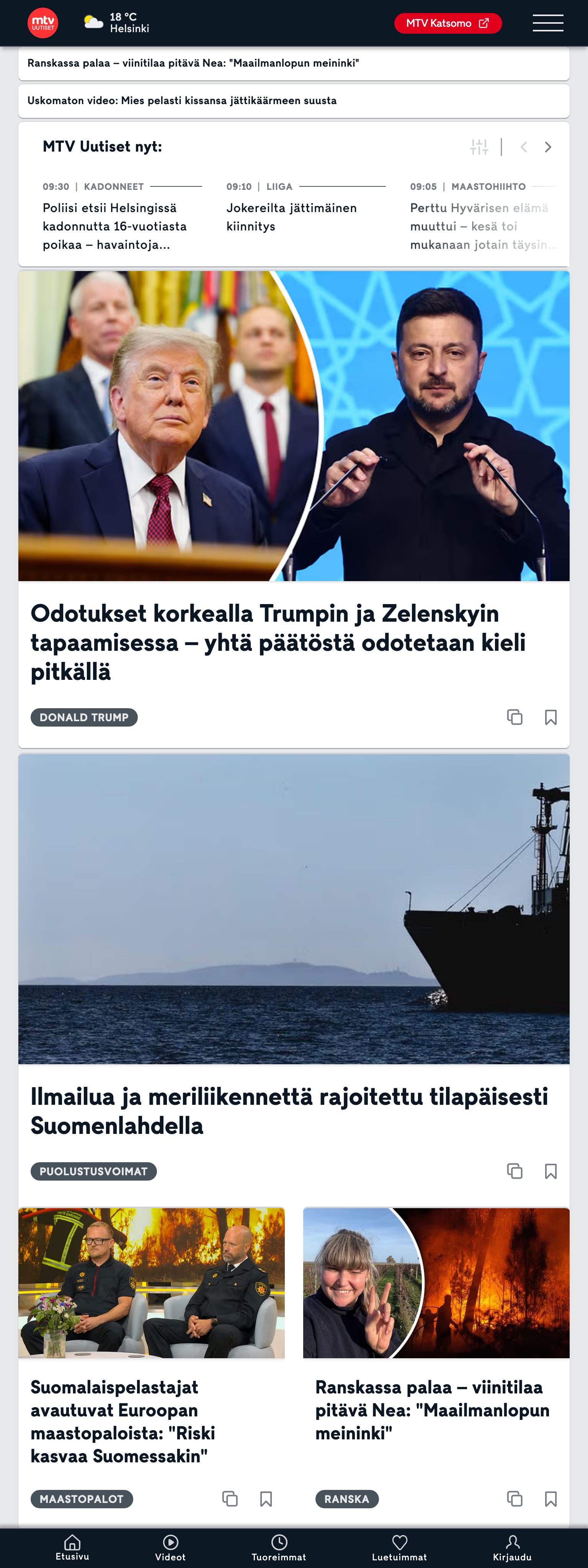 Screenshot of the MTV Uutiset front page