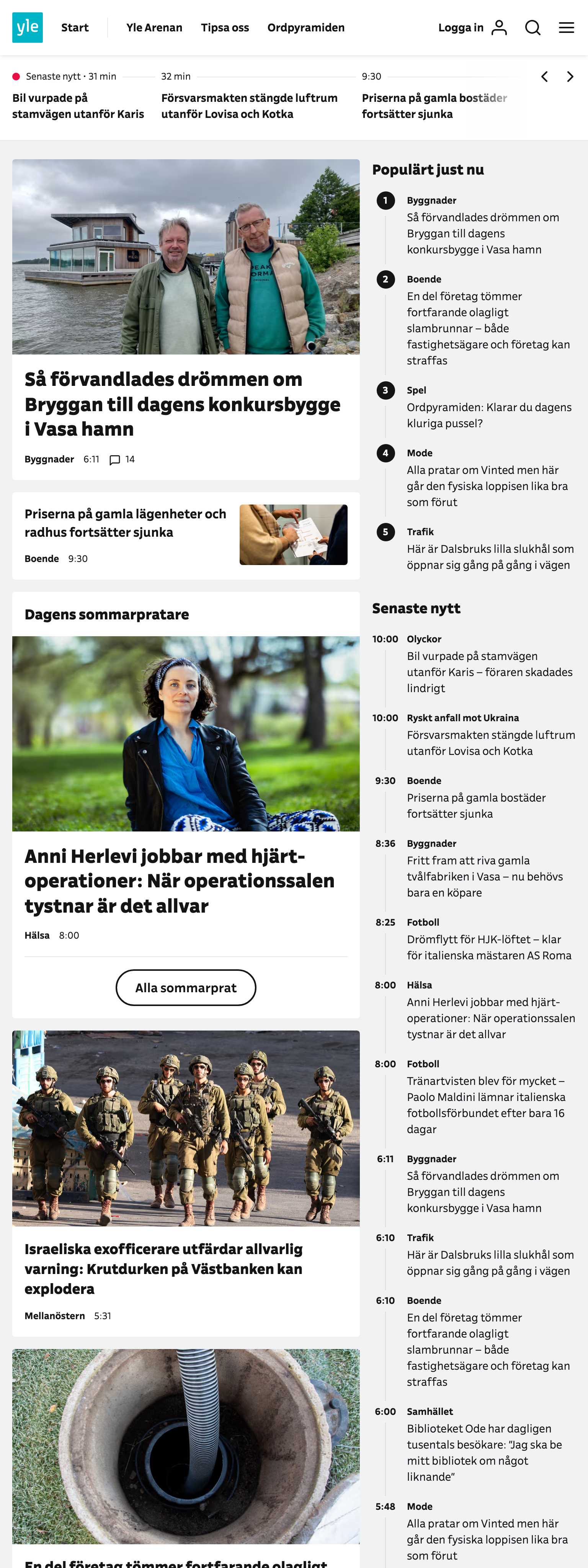 Screenshot of the Svenska Yle front page