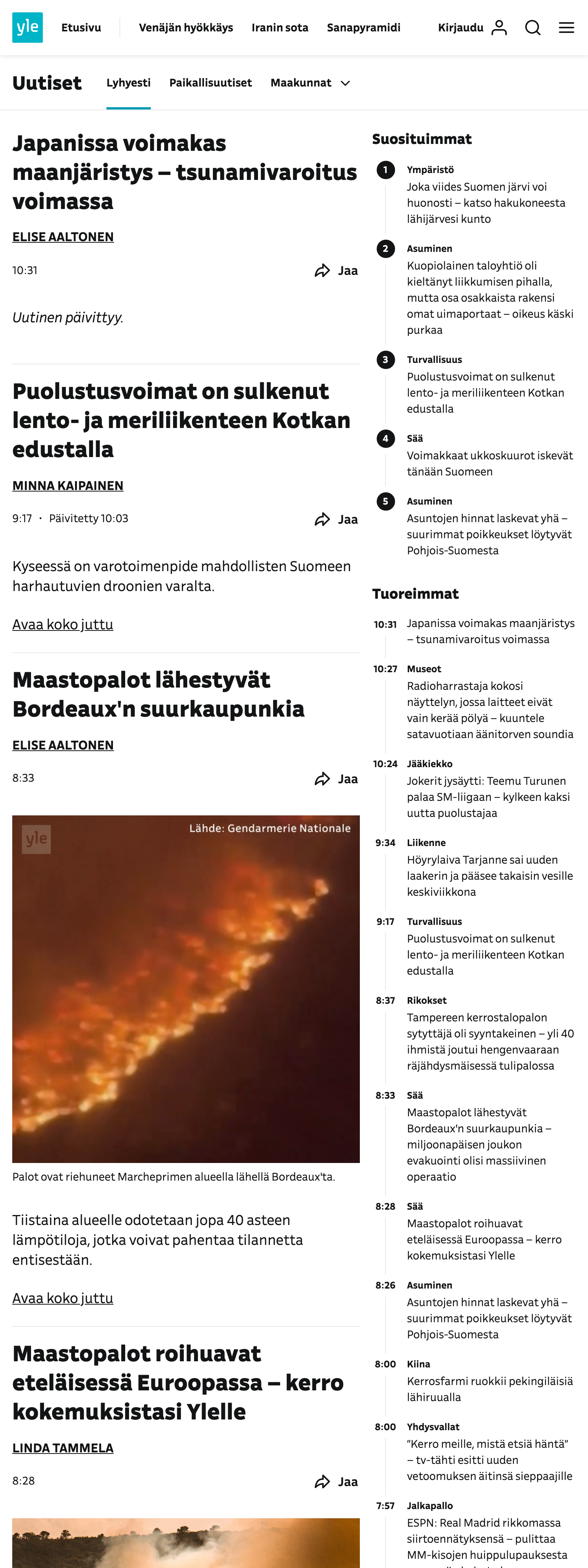 Screenshot of the Yle front page