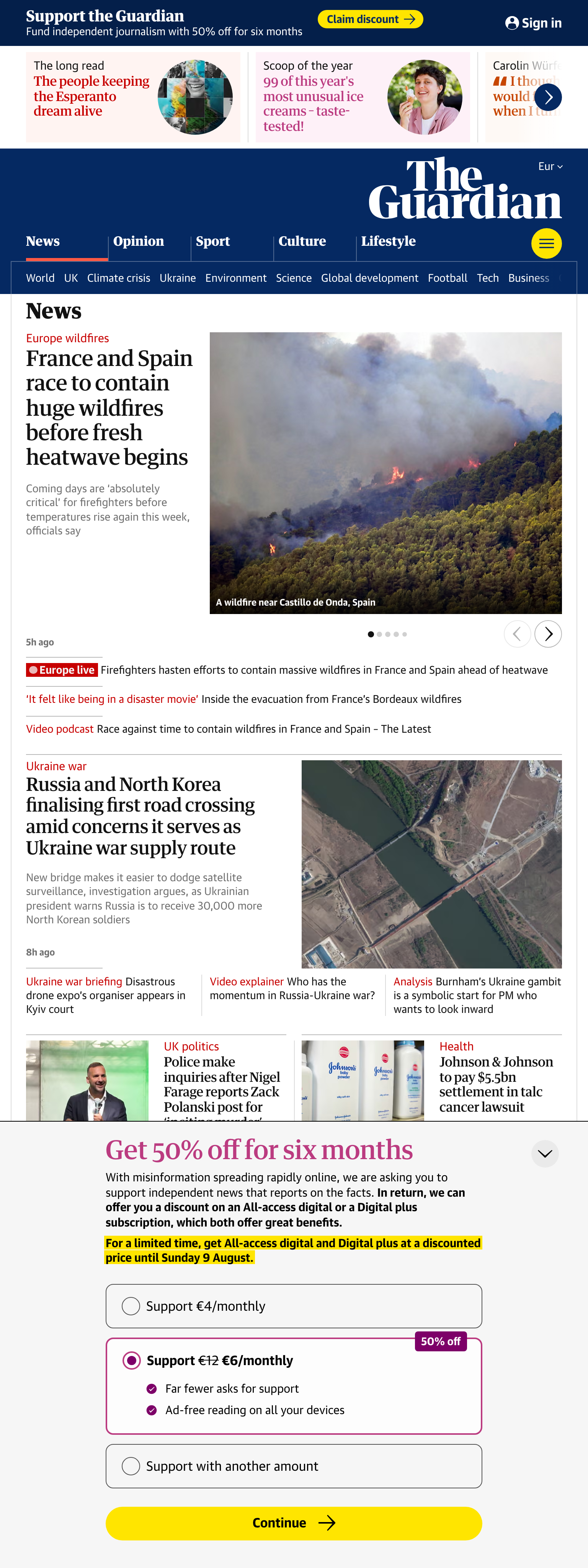 Screenshot of the The Guardian front page