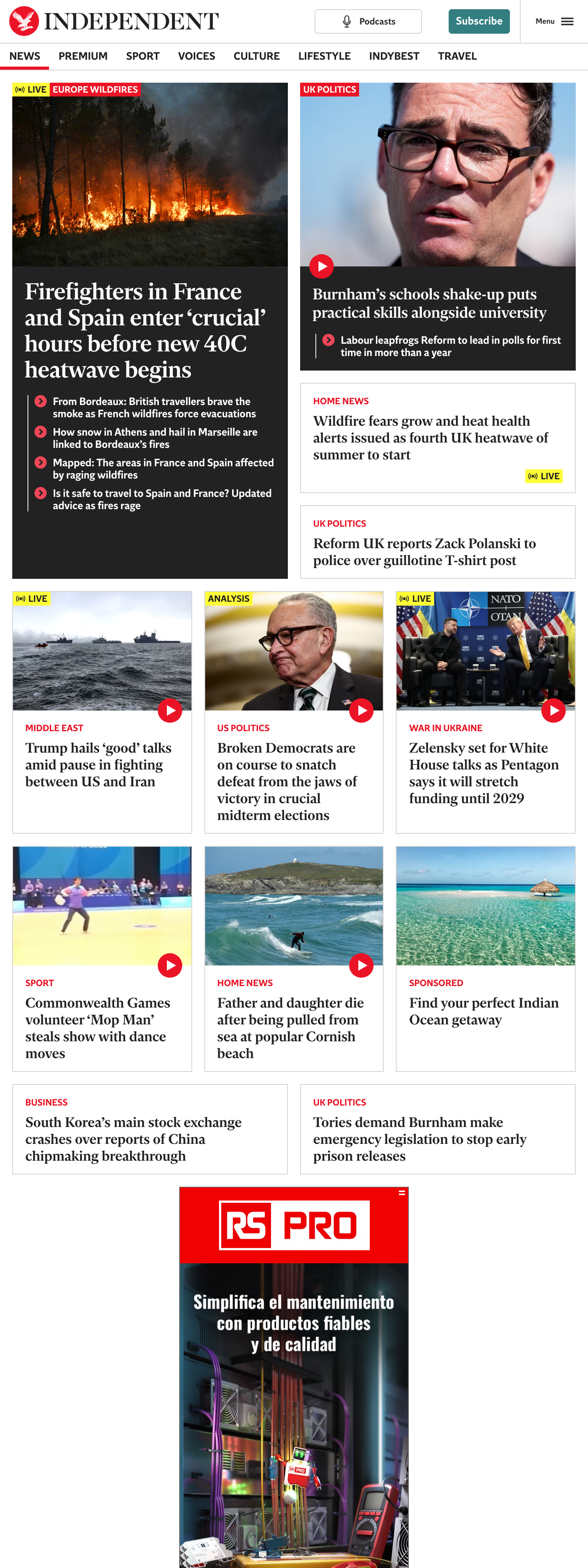 Screenshot of the The Independent front page