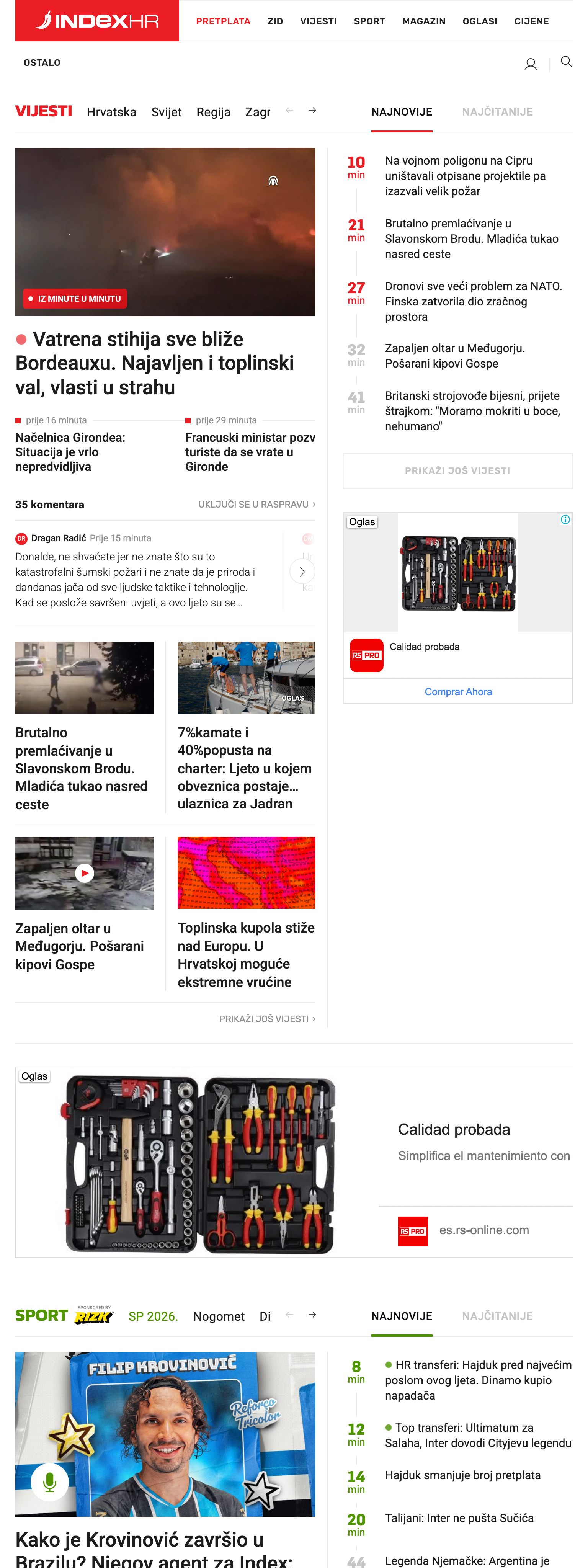 Screenshot of the Index.hr front page