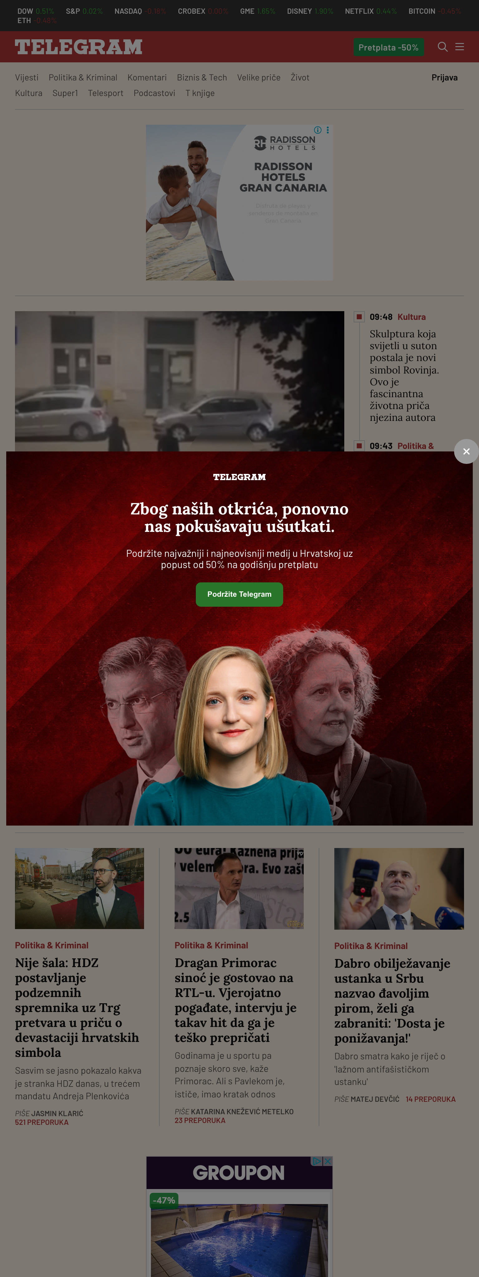 Screenshot of the Telegram.hr front page