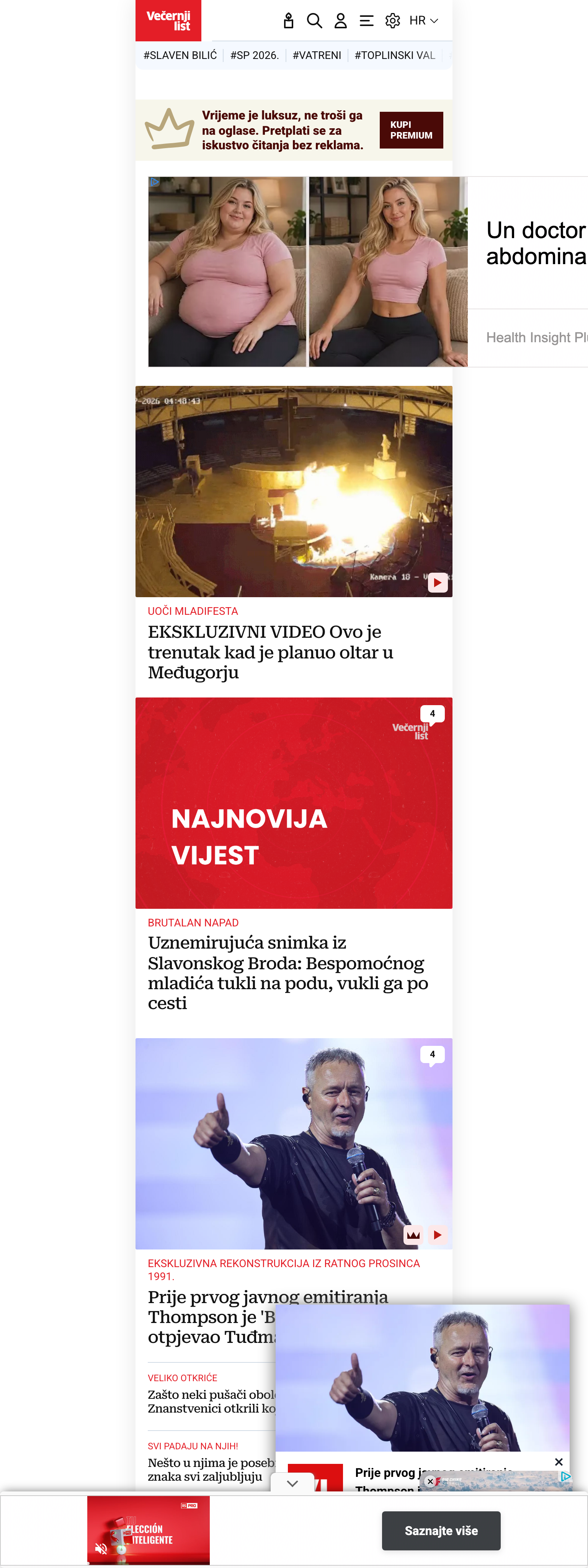 Screenshot of the Večernji list front page