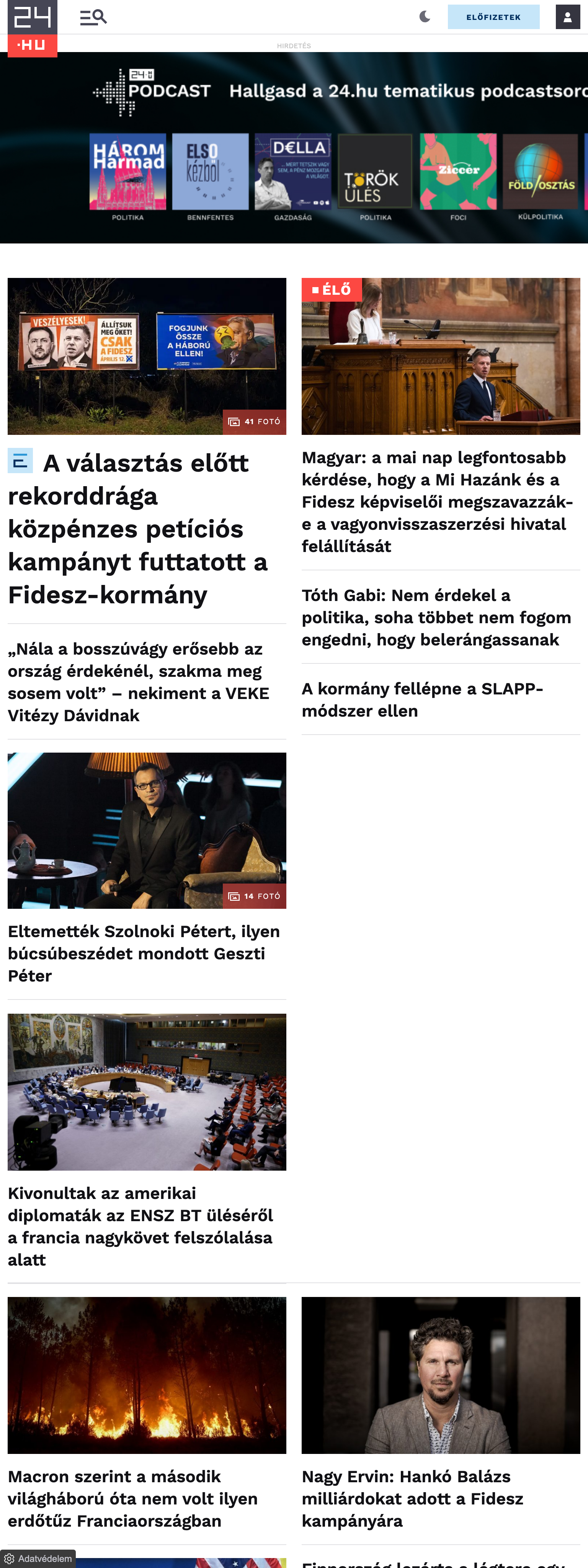Screenshot of the 24.hu front page