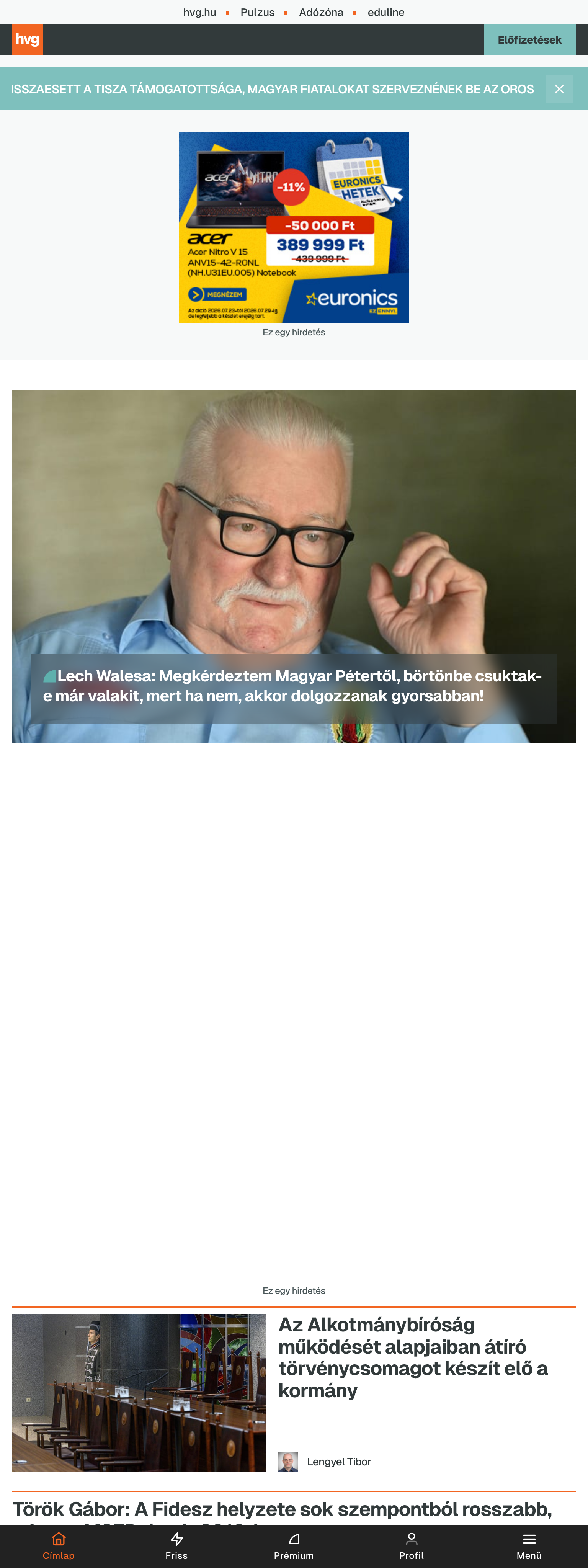 Screenshot of the HVG front page
