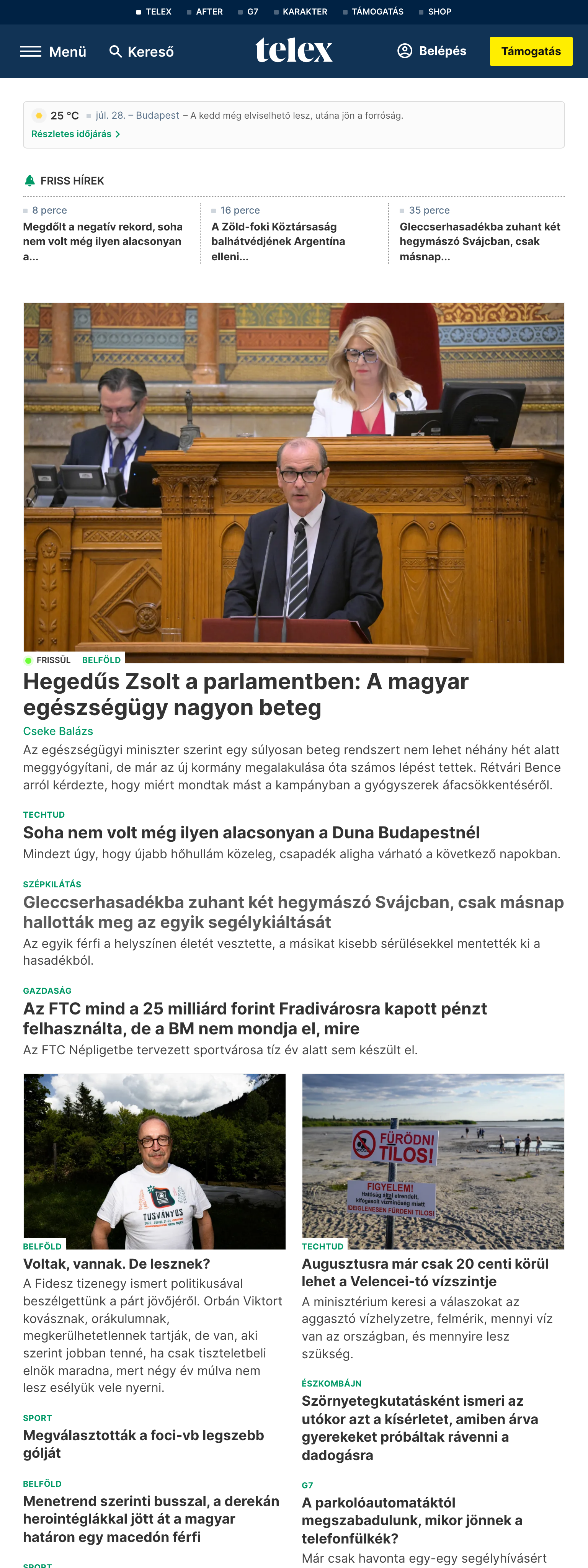 Screenshot of the Telex front page