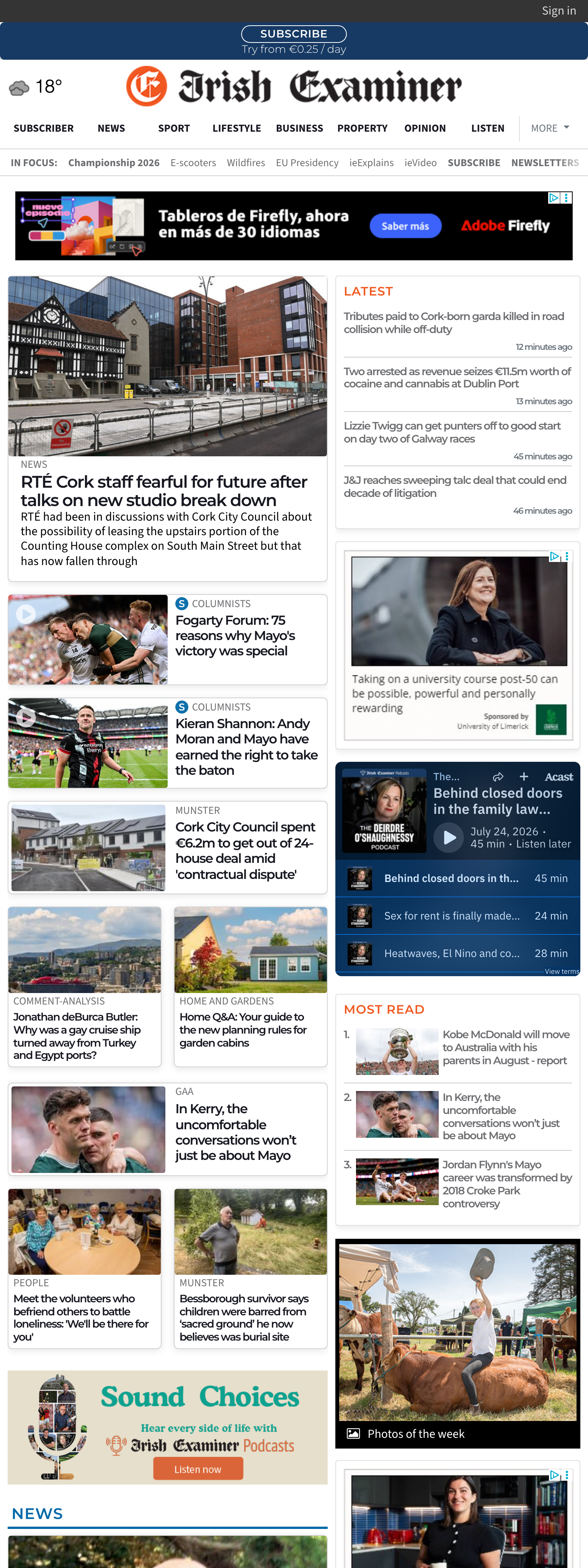 Screenshot of the Irish Examiner front page
