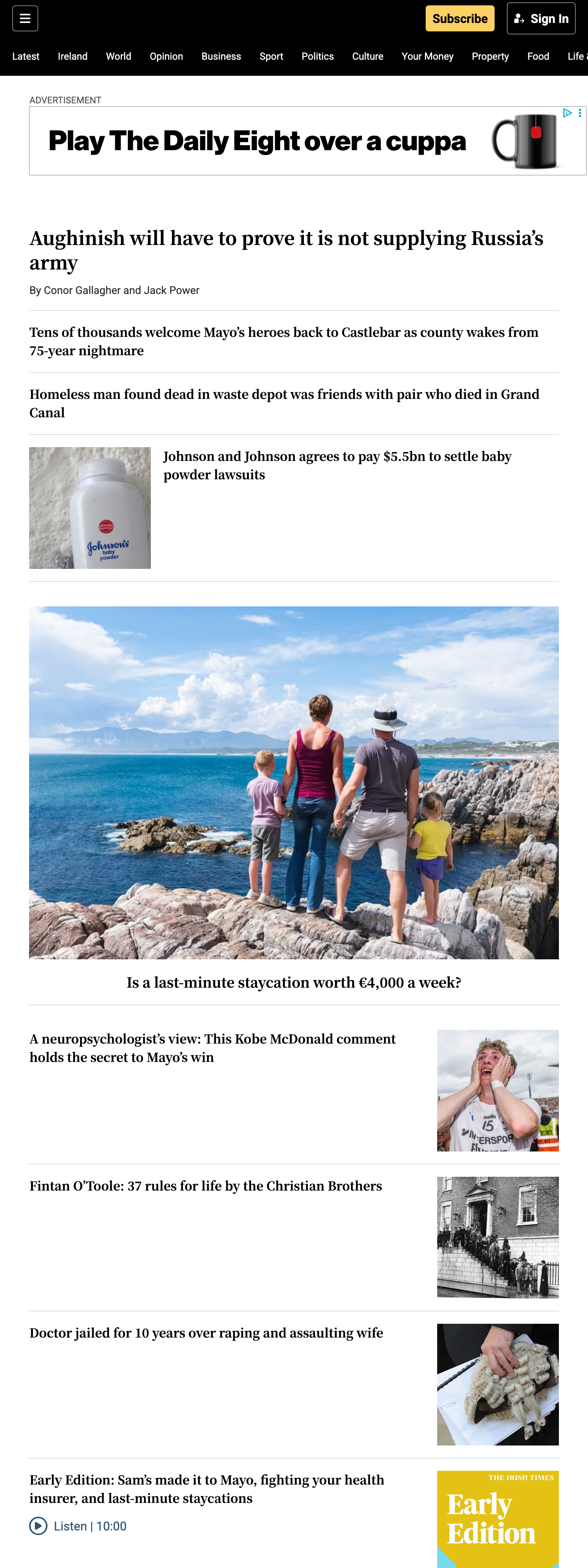 Screenshot of the The Irish Times front page