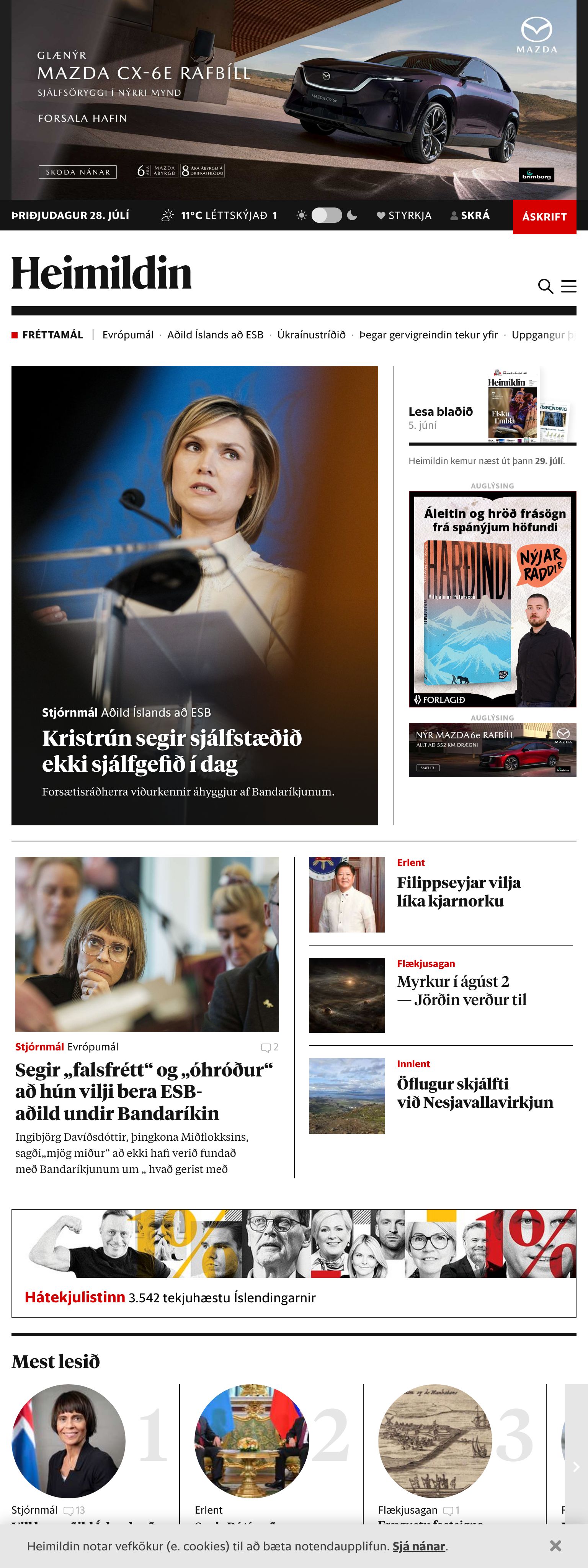 Screenshot of the Kjarninn front page