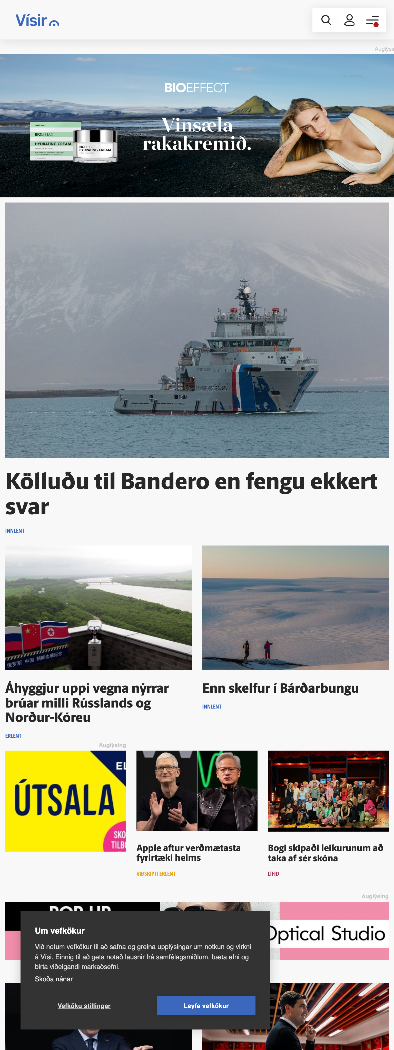 Screenshot of the Vísir front page