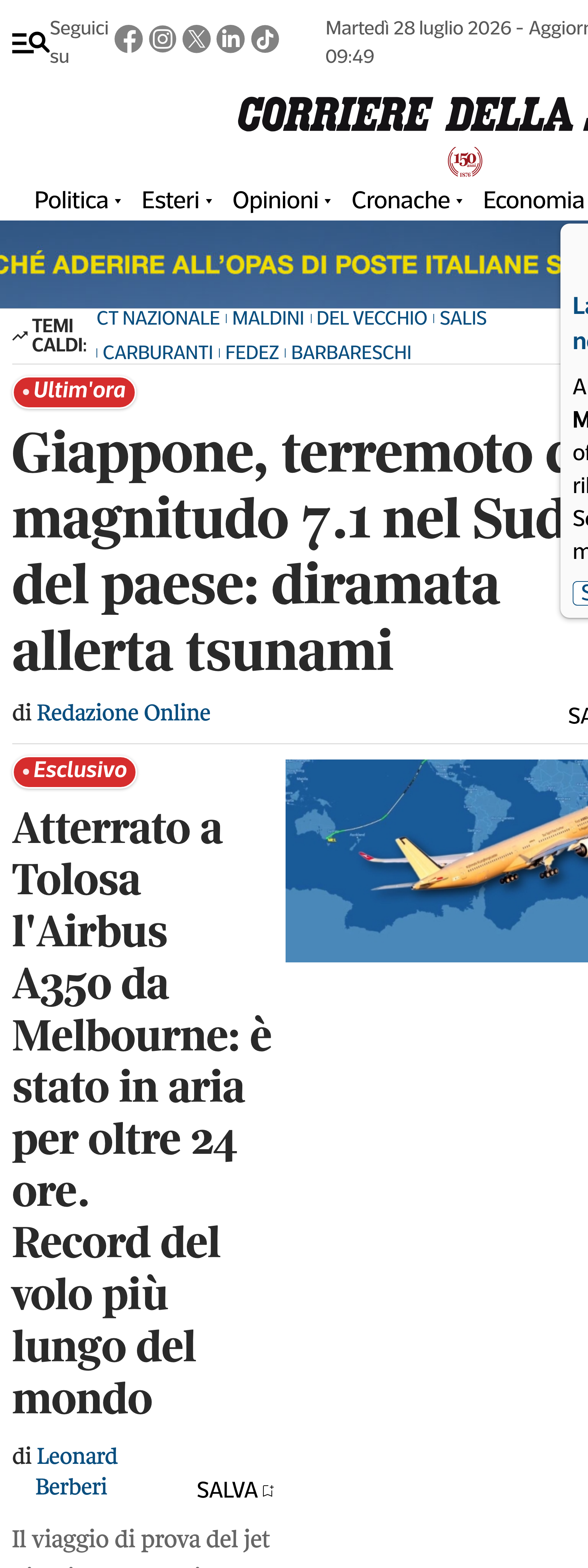 Screenshot of the Corriere della Sera front page