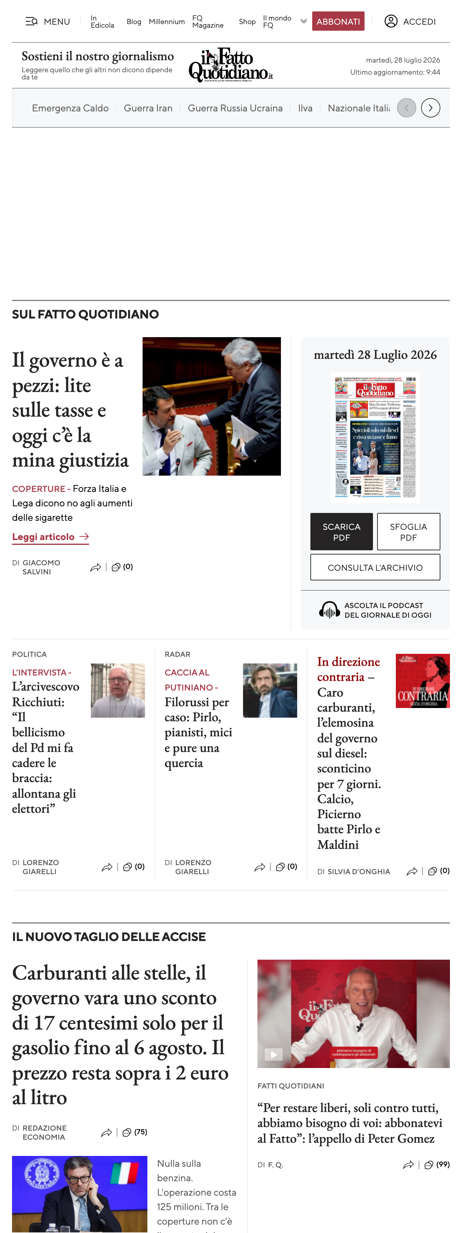 Screenshot of the Il Fatto Quotidiano front page