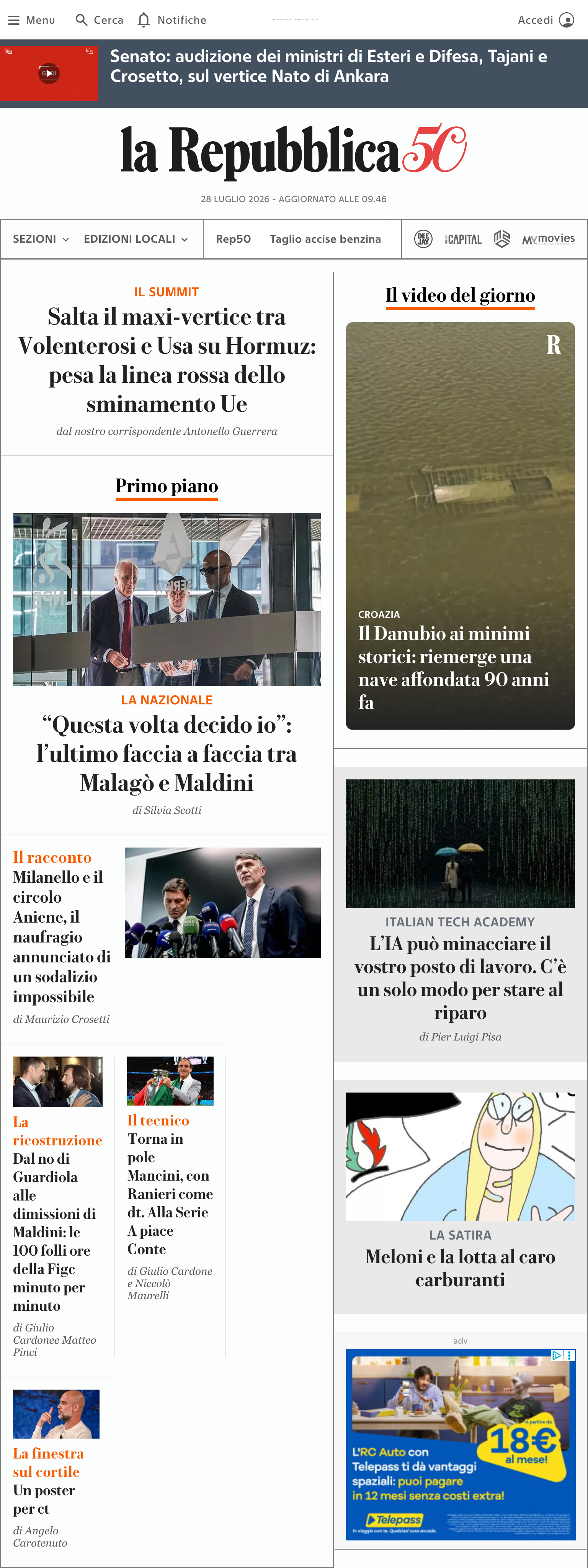Screenshot of the la Repubblica front page