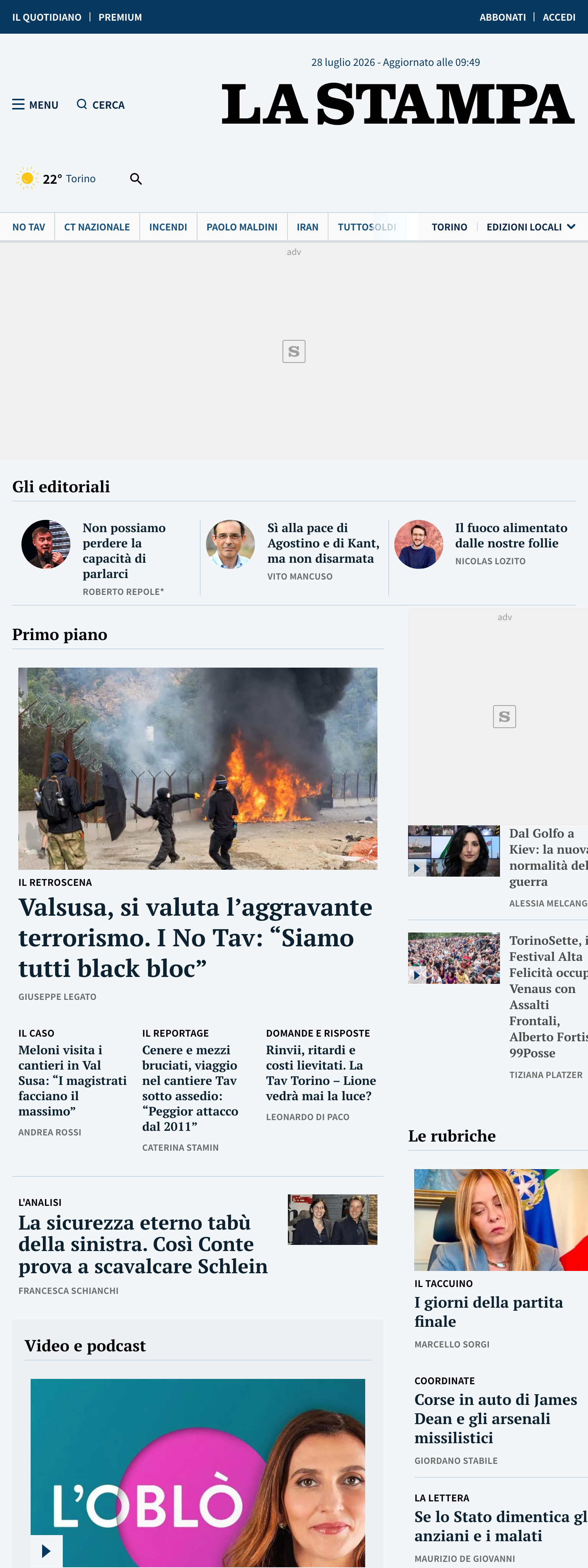 Screenshot of the La Stampa front page