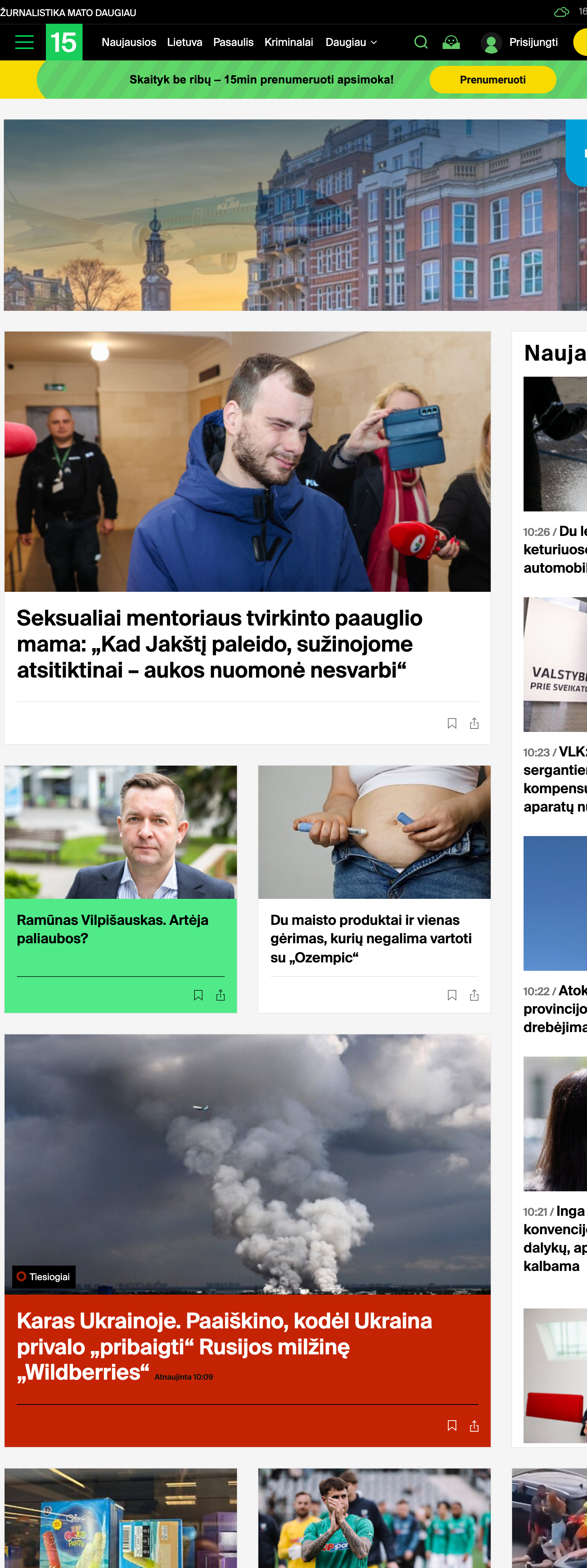 Screenshot of the 15min front page
