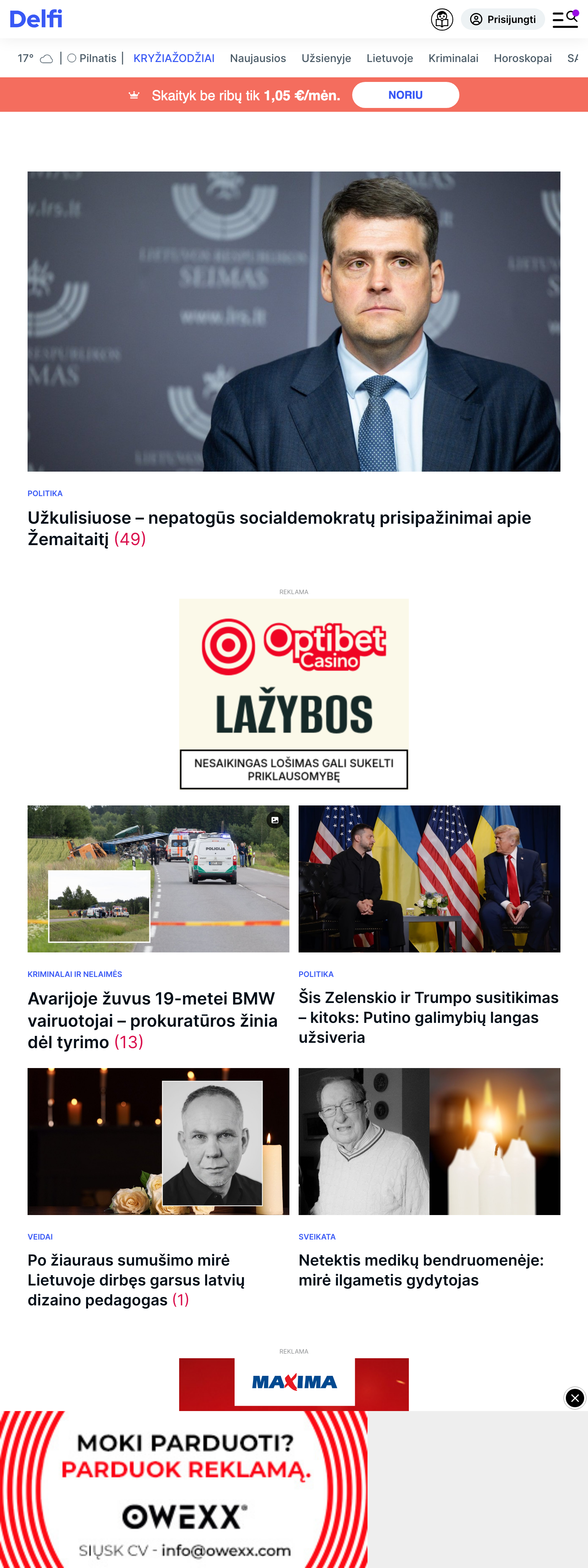 Screenshot of the Delfi front page