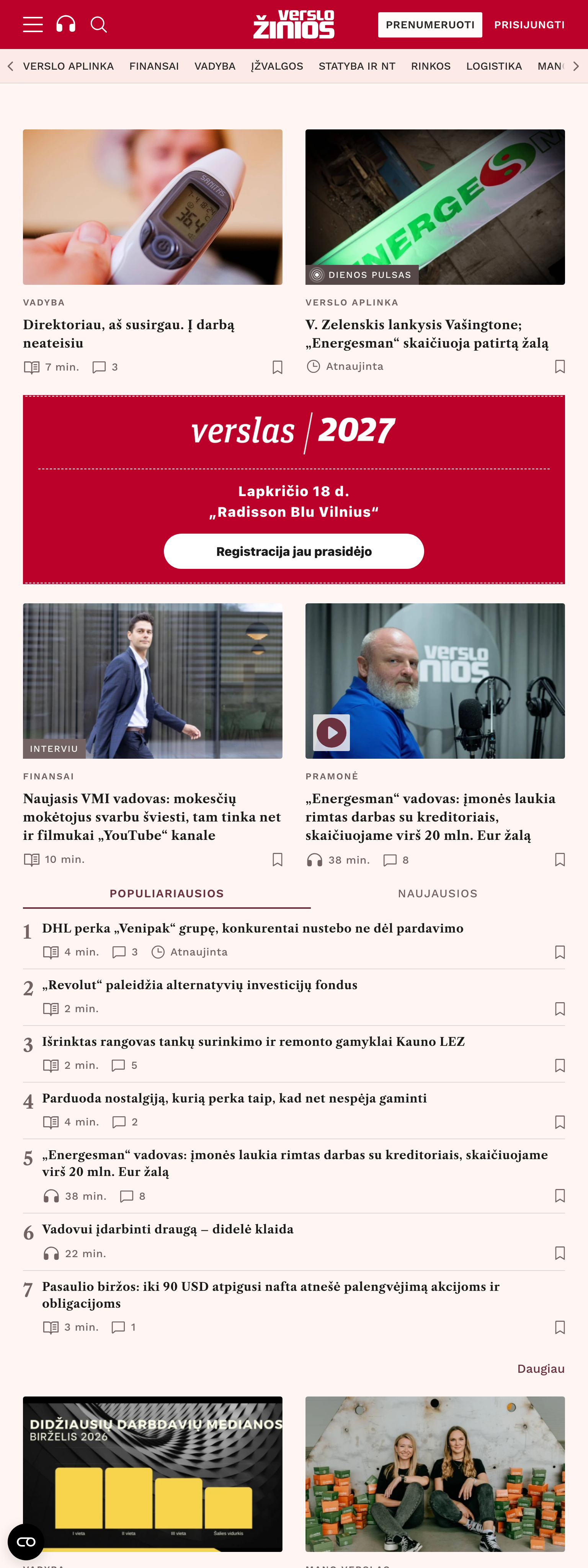 Screenshot of the Verslo žinios front page