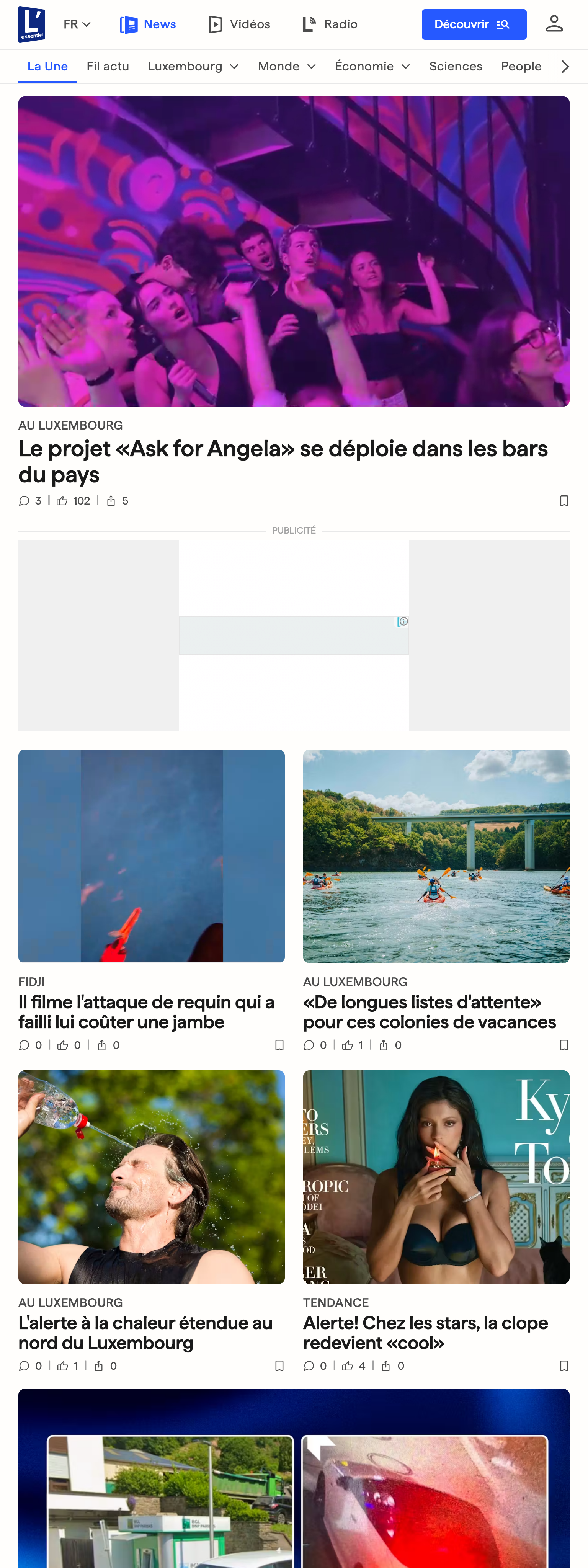 Screenshot of the L'essentiel front page