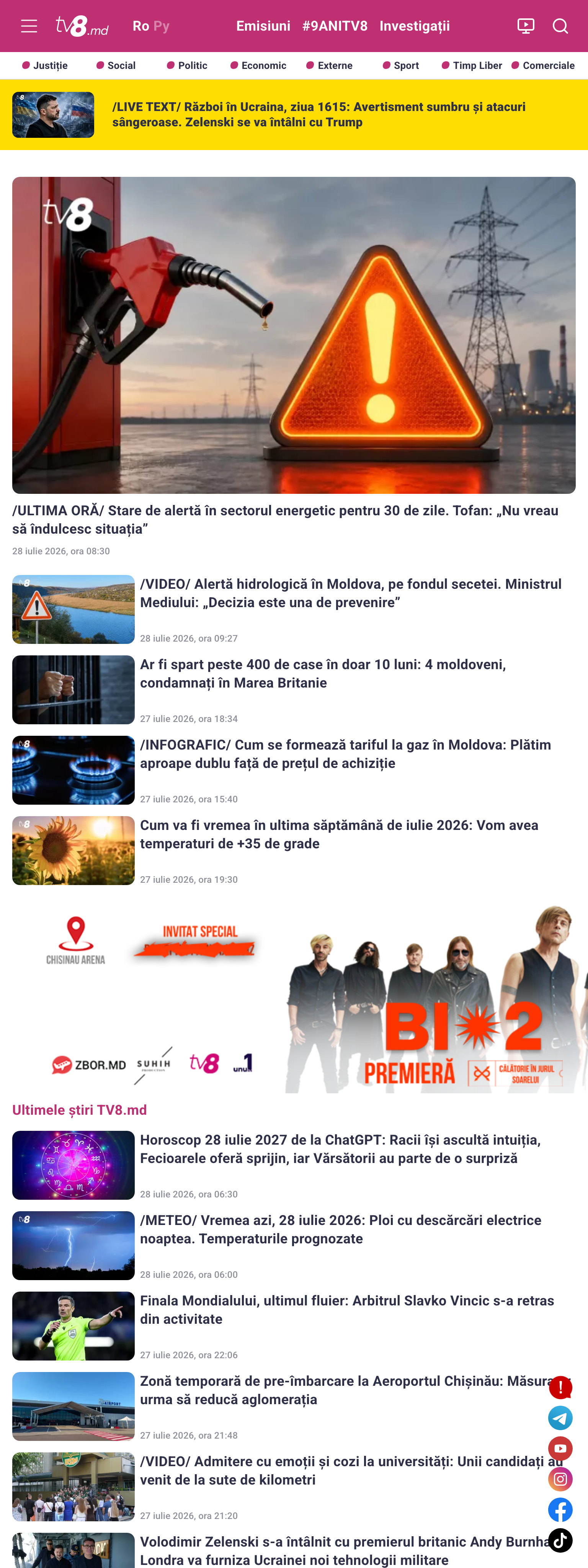 Screenshot of the TV8 front page