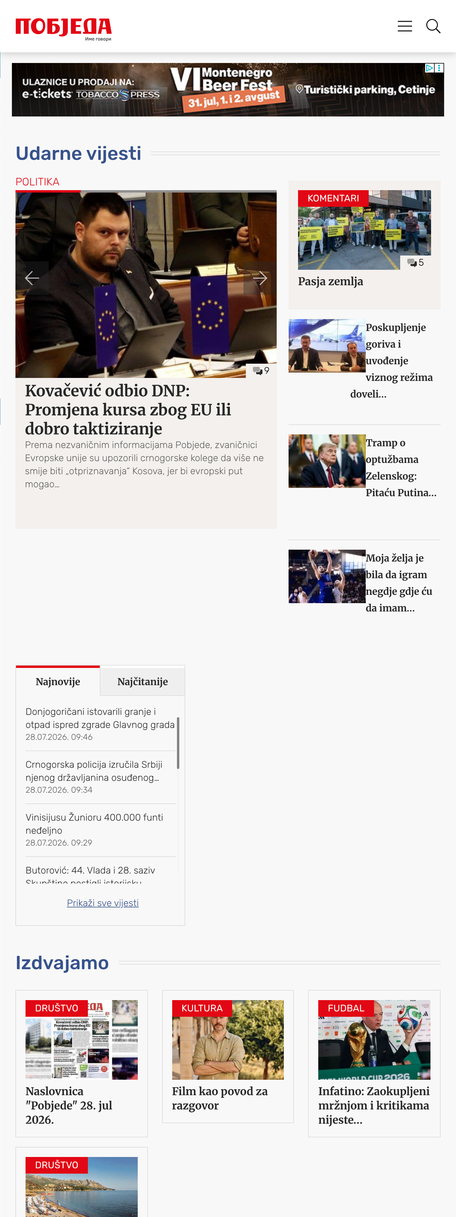 Screenshot of the Pobjeda front page