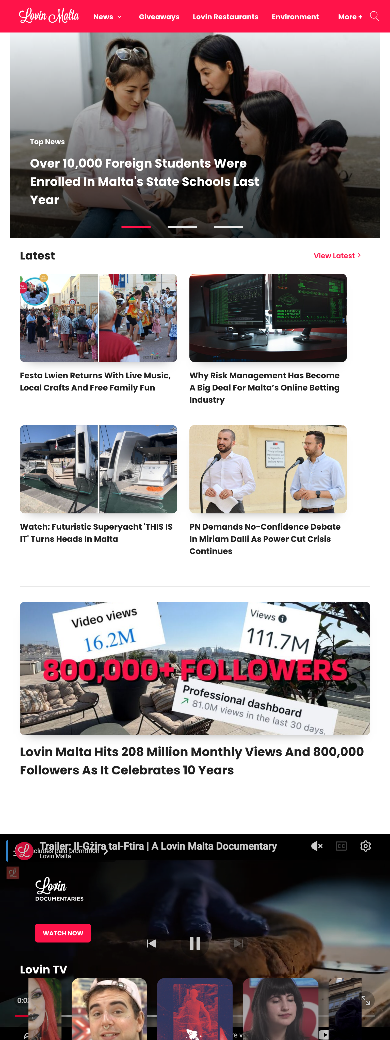 Screenshot of the Lovin Malta front page