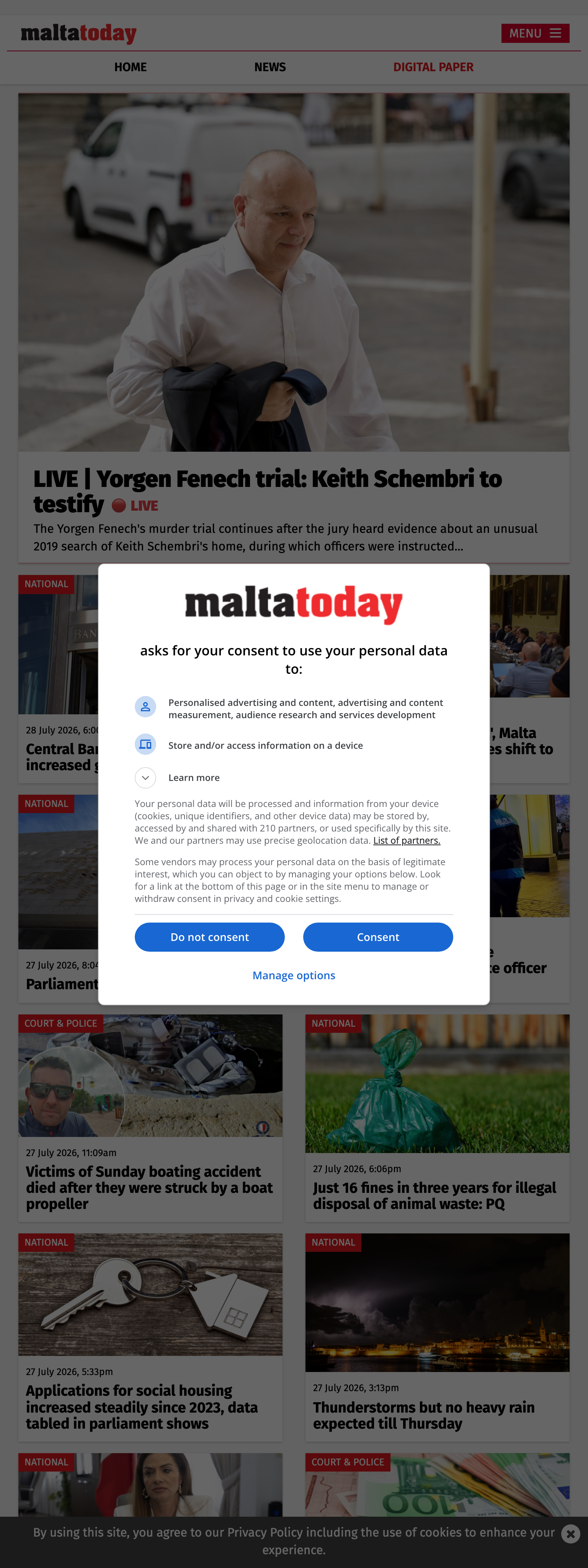 Screenshot of the Malta Today front page