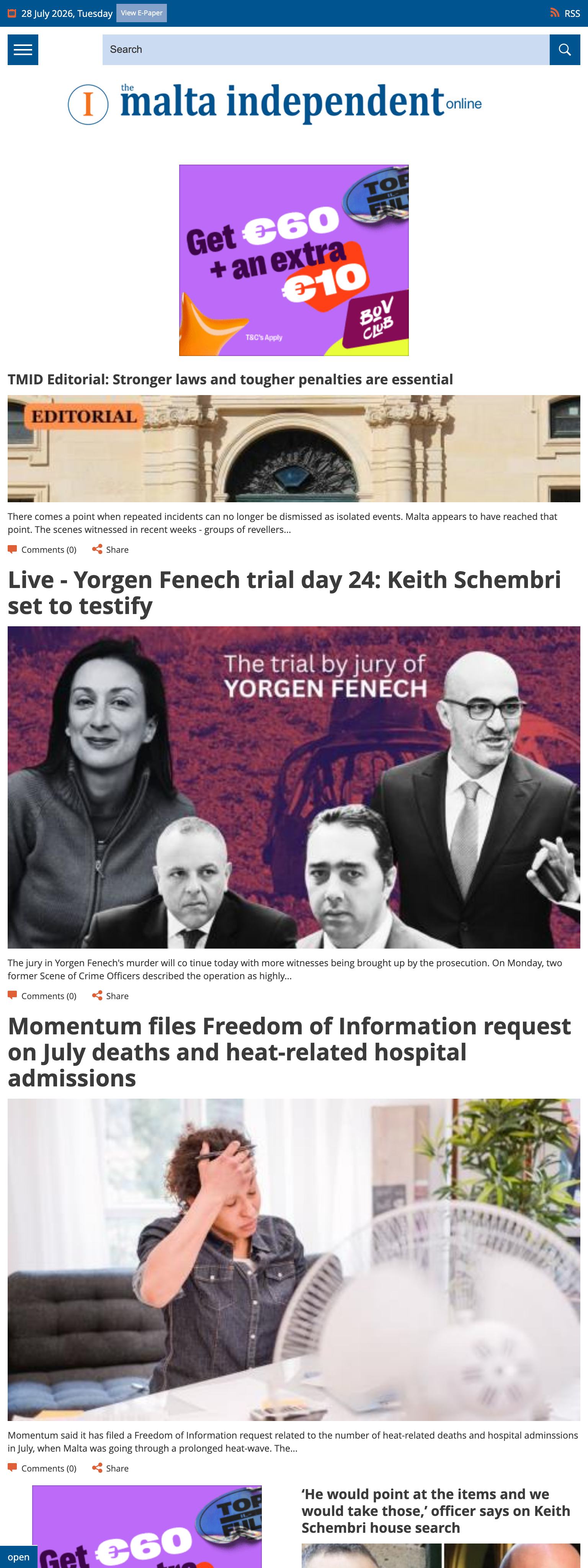 Screenshot of the The Malta Independent front page
